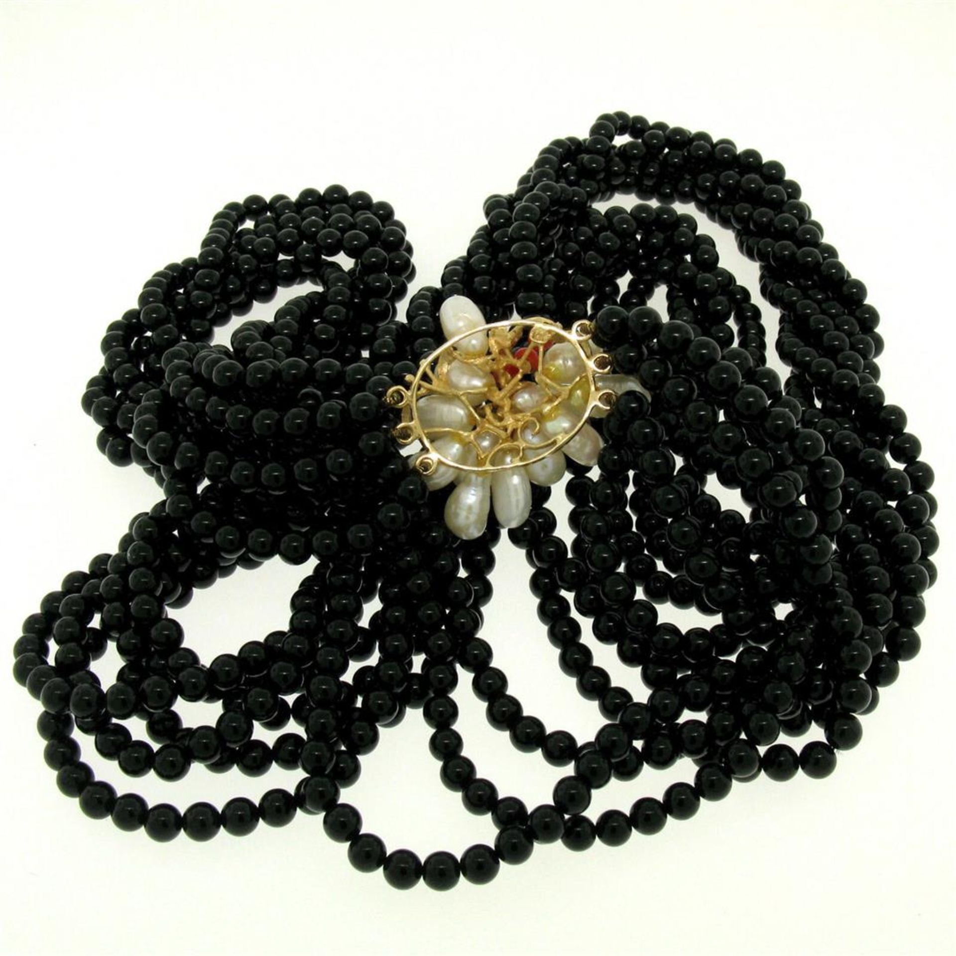 14k Gold Long Multi Strand Black Onyx Necklace w/ Freshwater Pearl & Coral Bead - Image 4 of 4