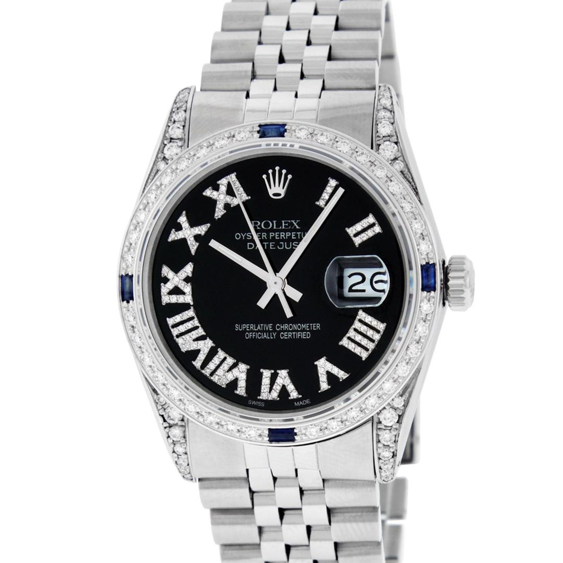 Rolex Mens Stainless Steel Black Roman Diamond Lugs & Sapphire Datejust Wristwat - Image 2 of 9