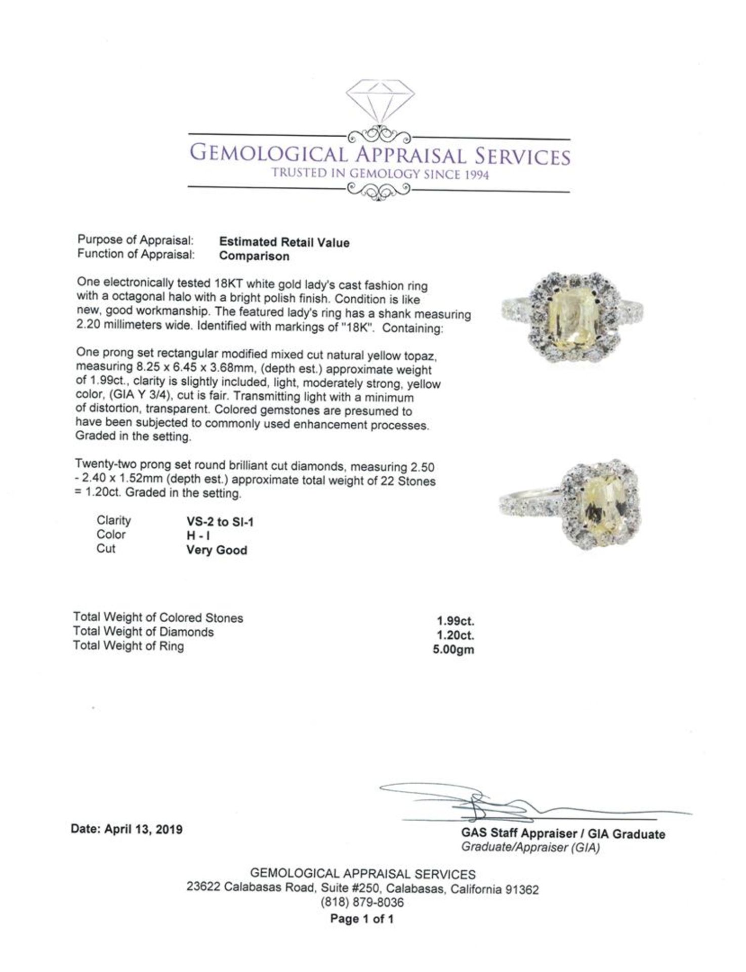 3.19 ctw Yellow Topaz And Diamond Ring - 18KT White Gold - Image 5 of 5