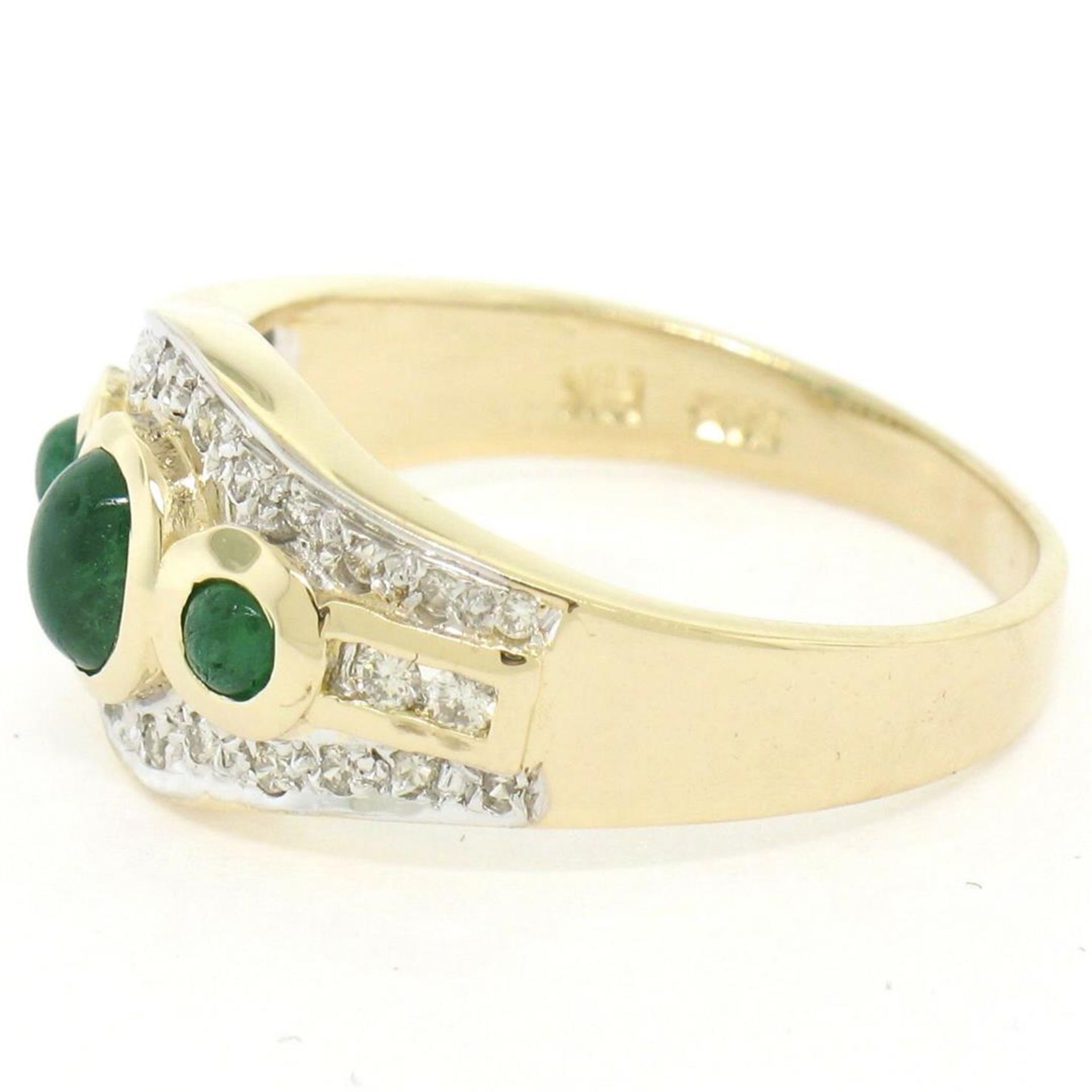 Petite 14K TT Gold 0.68 ctw 3 Cabochon Emerald & Diamond Accented Cocktail Ring - Image 2 of 9