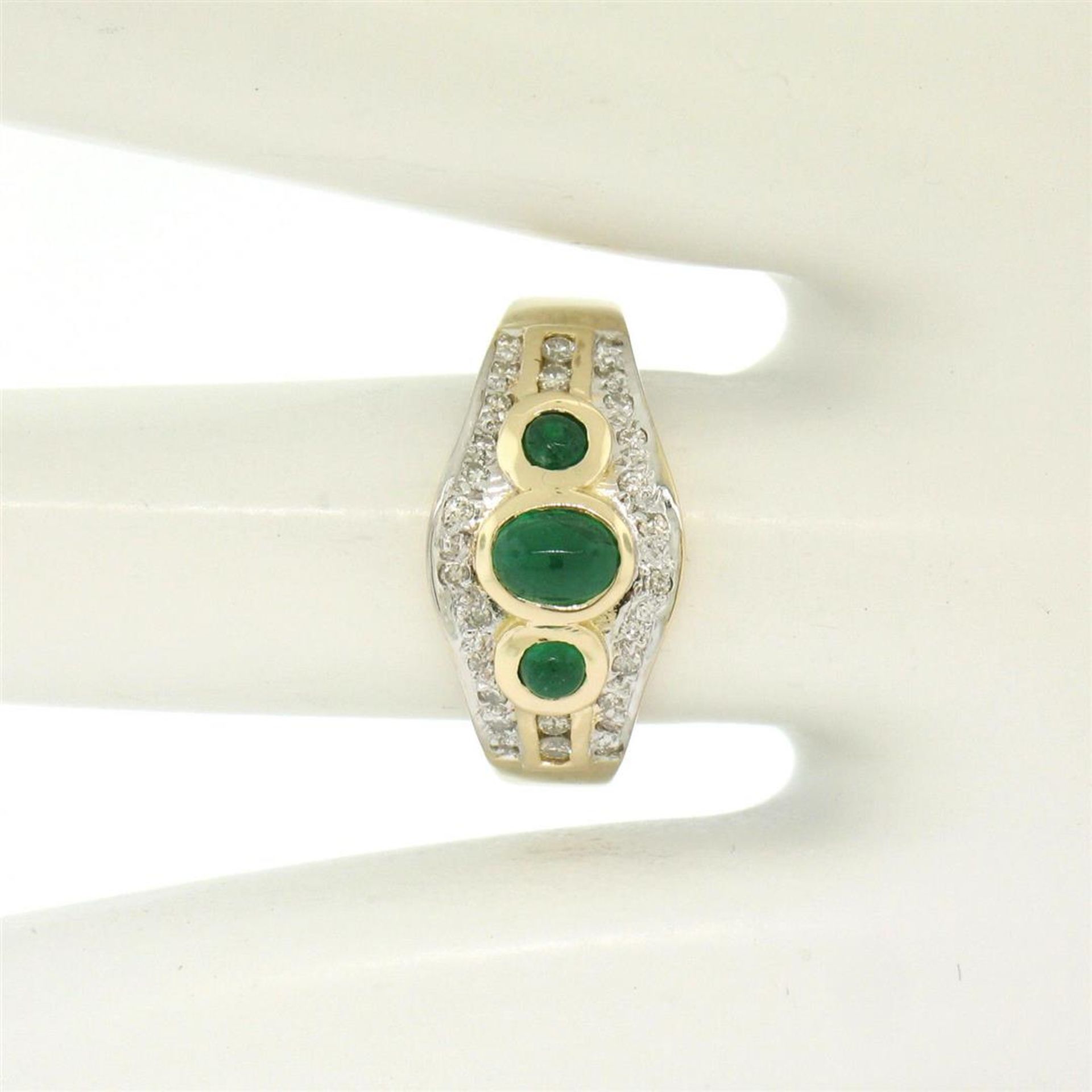 Petite 14K TT Gold 0.68 ctw 3 Cabochon Emerald & Diamond Accented Cocktail Ring - Image 6 of 9