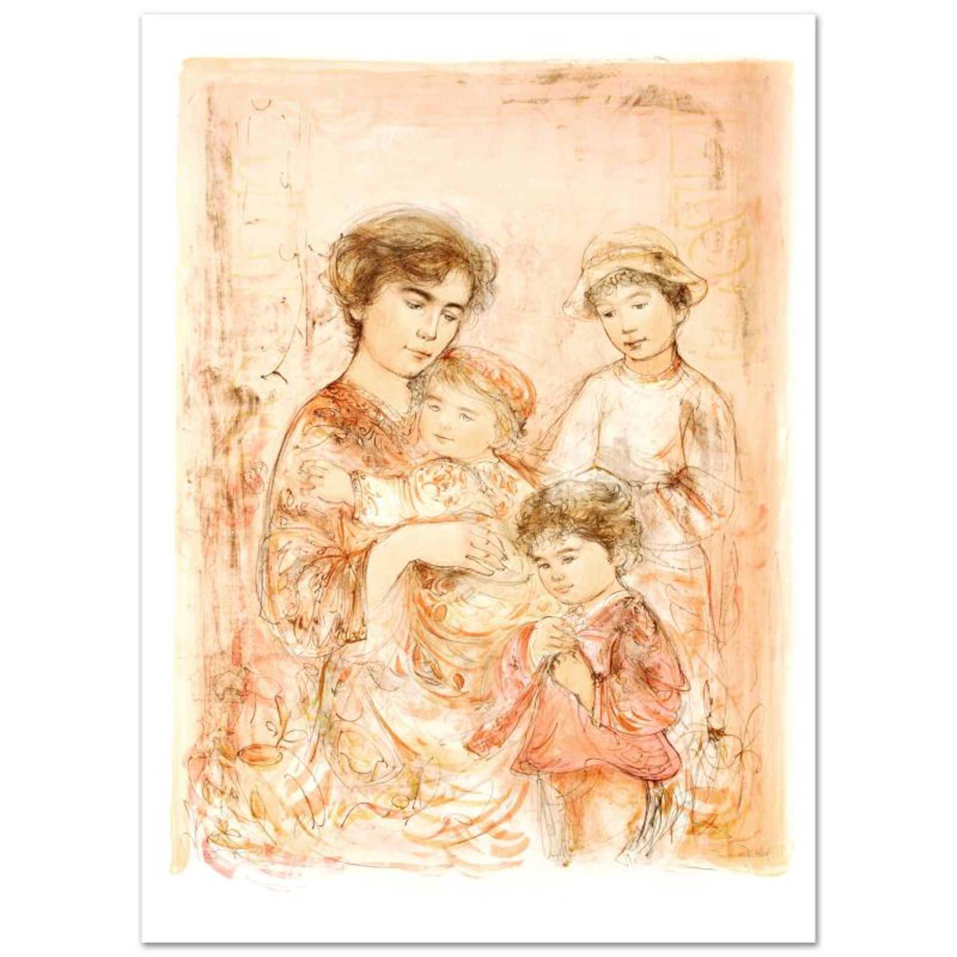 "Lotte and Her Children" Limited Edition Lithograph (27" x 37.5") by Edna Hibel