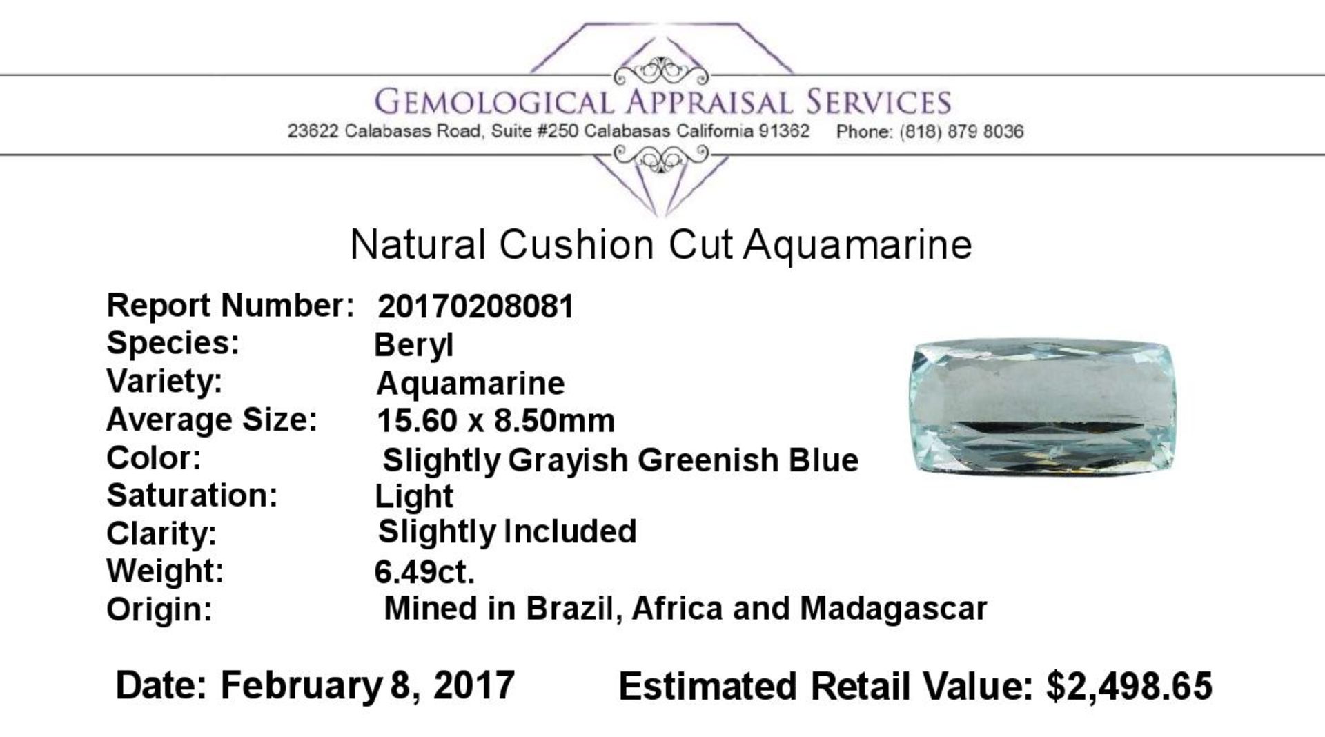6.49 ct.Natural Cushion Cut Aquamarine - Image 2 of 2