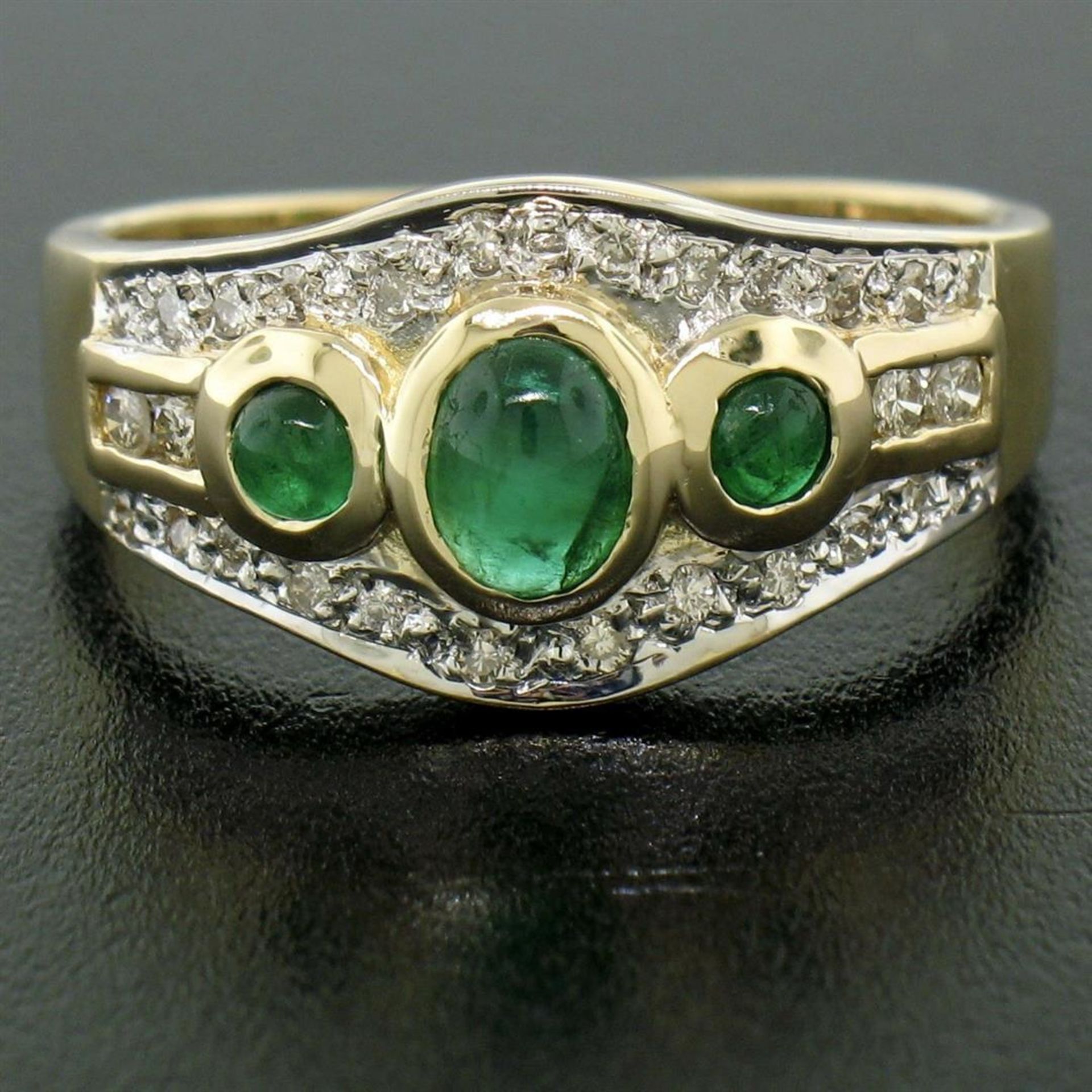 Petite 14K TT Gold 0.68 ctw 3 Cabochon Emerald & Diamond Accented Cocktail Ring - Image 5 of 9