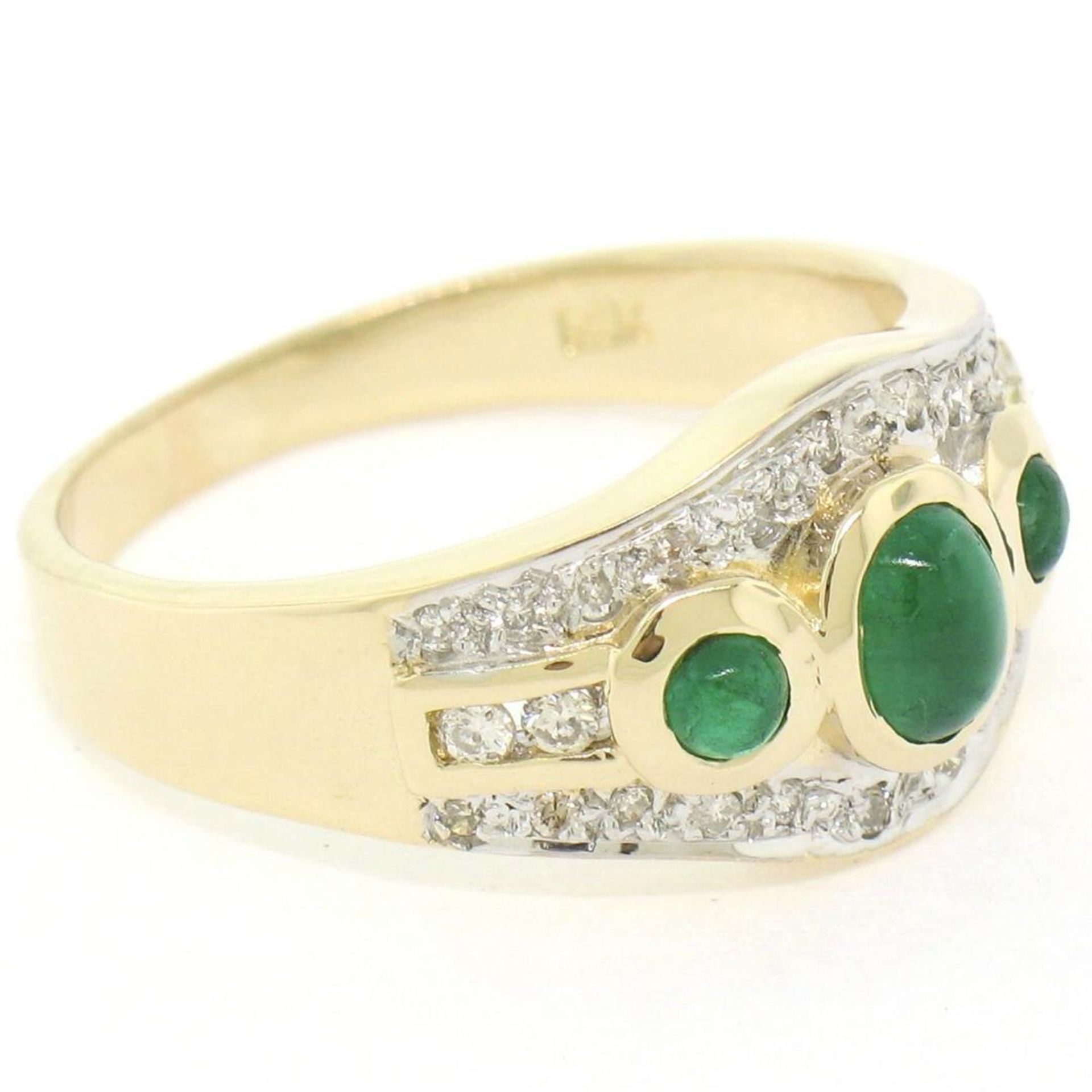 Petite 14K TT Gold 0.68 ctw 3 Cabochon Emerald & Diamond Accented Cocktail Ring - Image 3 of 9