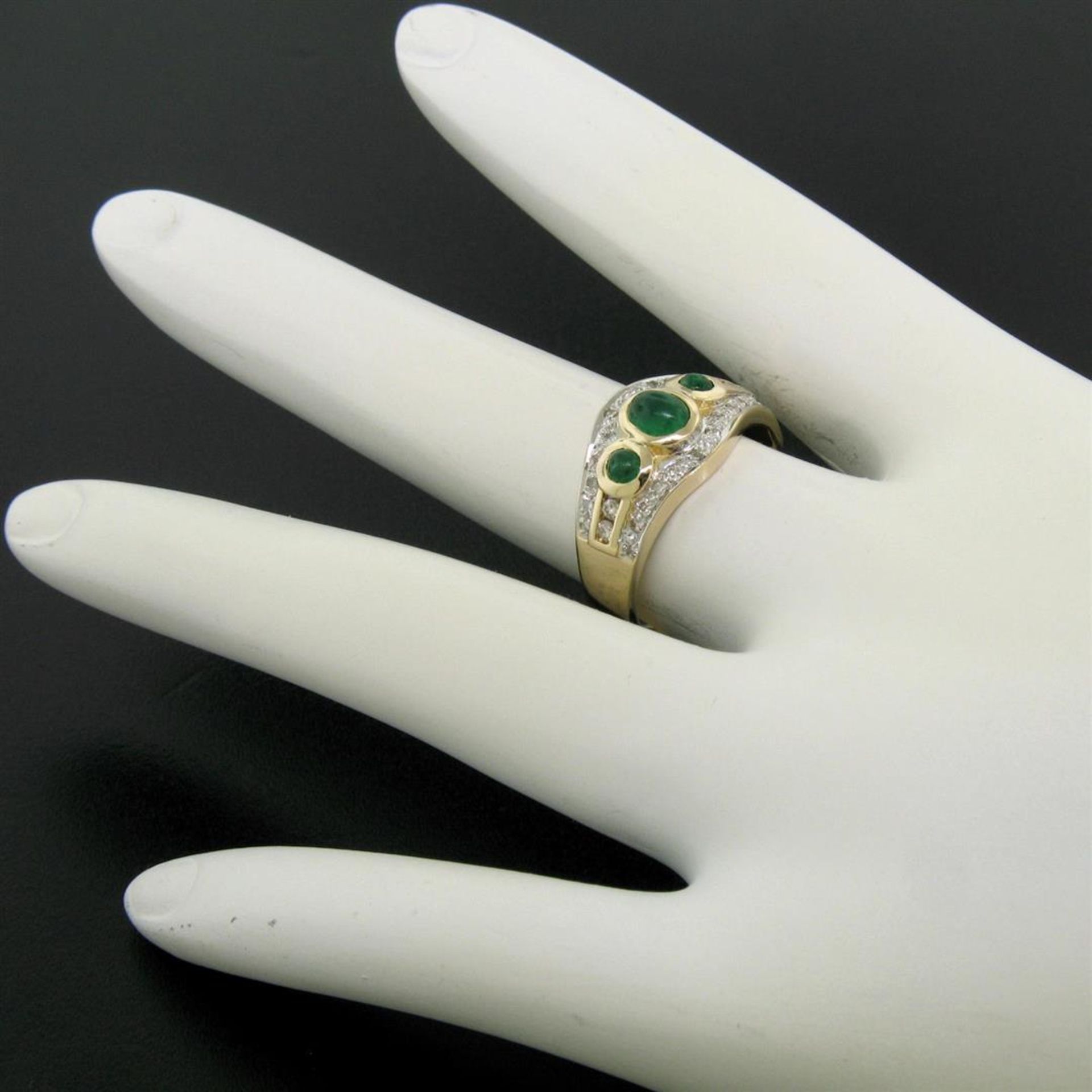 Petite 14K TT Gold 0.68 ctw 3 Cabochon Emerald & Diamond Accented Cocktail Ring - Image 7 of 9