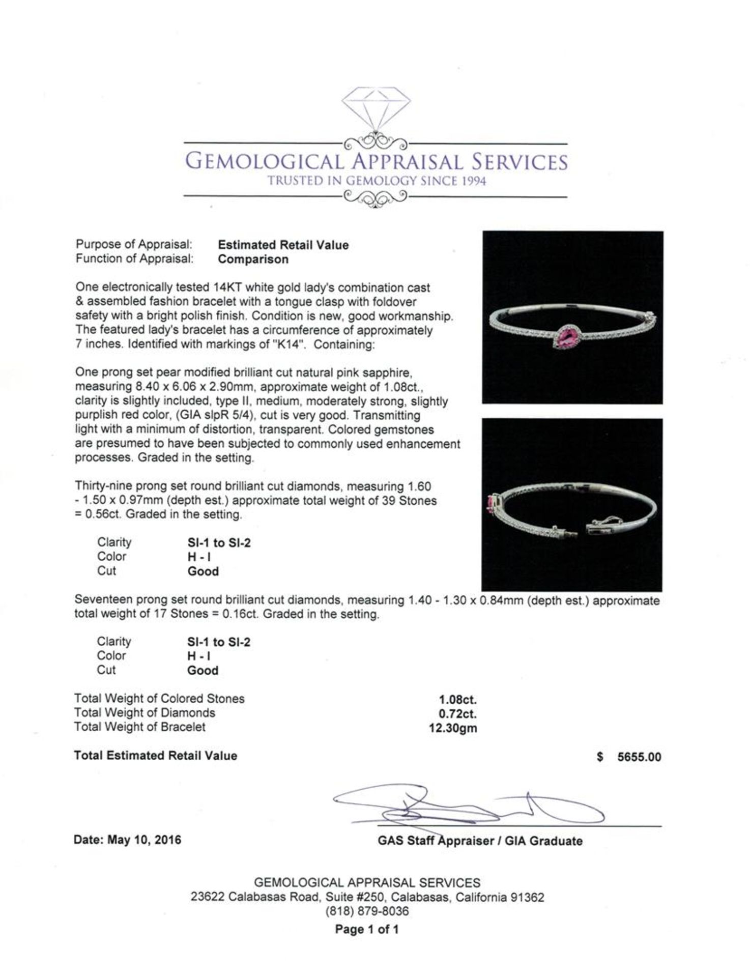 1.08 ctw Pink Sapphire and Diamond Bracelet - 14KT White Gold - Image 4 of 4