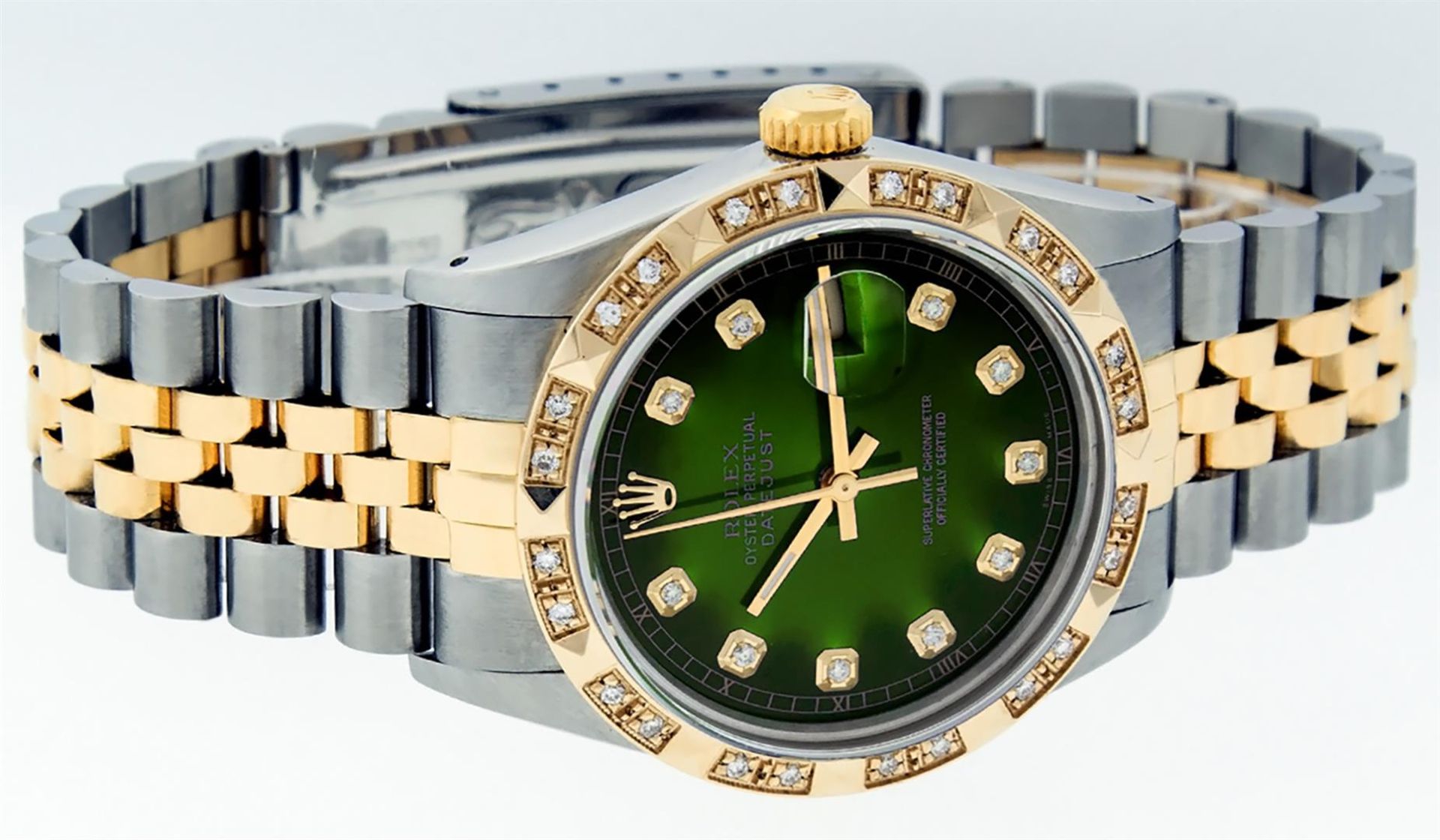 Rolex Mens 2 Tone Green Vignette Pyramid Diamond 36MM Datejust Wristwatch - Image 3 of 9