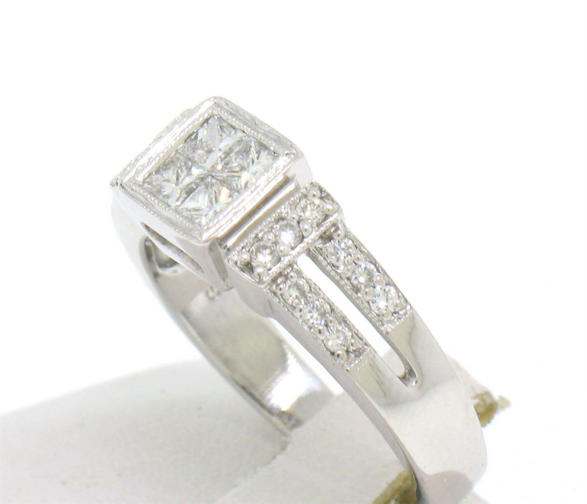 Modern 18k White Gold Princess & Pave Diamond Band Ring in Invisible Setting - Image 4 of 6