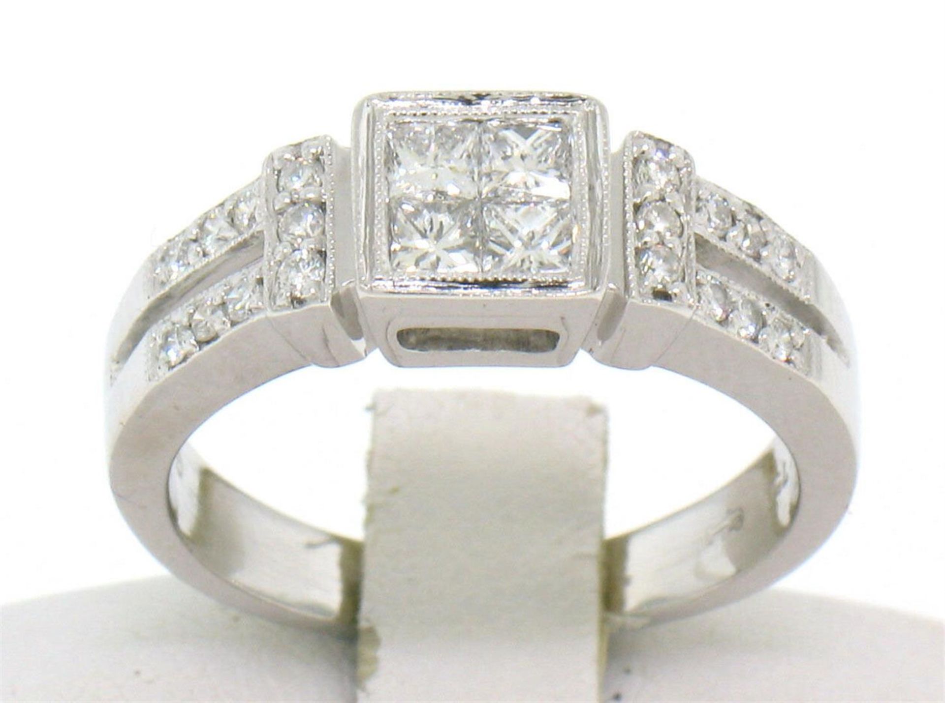 Modern 18k White Gold Princess & Pave Diamond Band Ring in Invisible Setting - Image 2 of 6