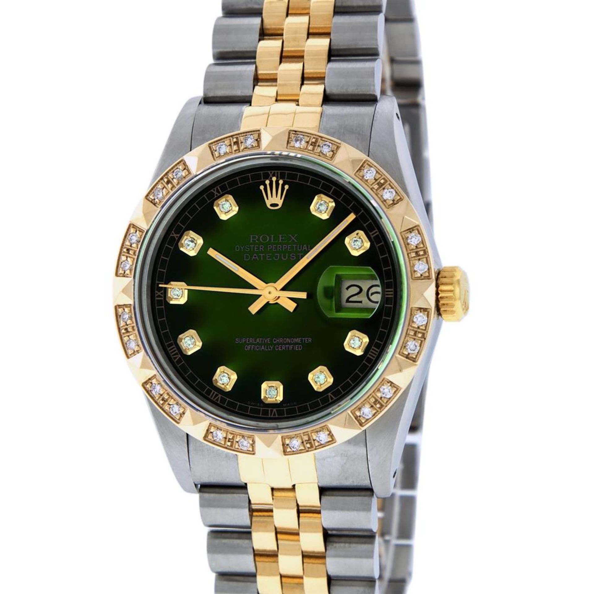Rolex Mens 2 Tone Green Vignette Pyramid Diamond 36MM Datejust Wristwatch - Image 2 of 9