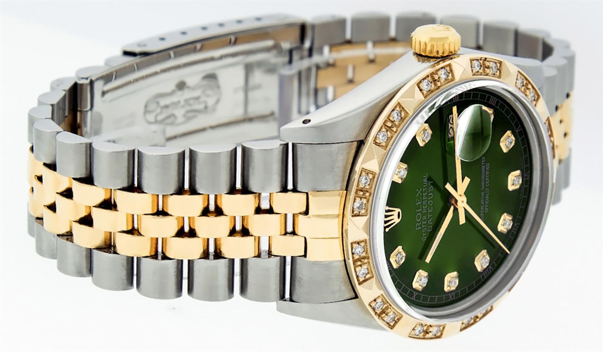 Rolex Mens 2 Tone Green Vignette Pyramid Diamond 36MM Datejust Wristwatch - Image 4 of 9