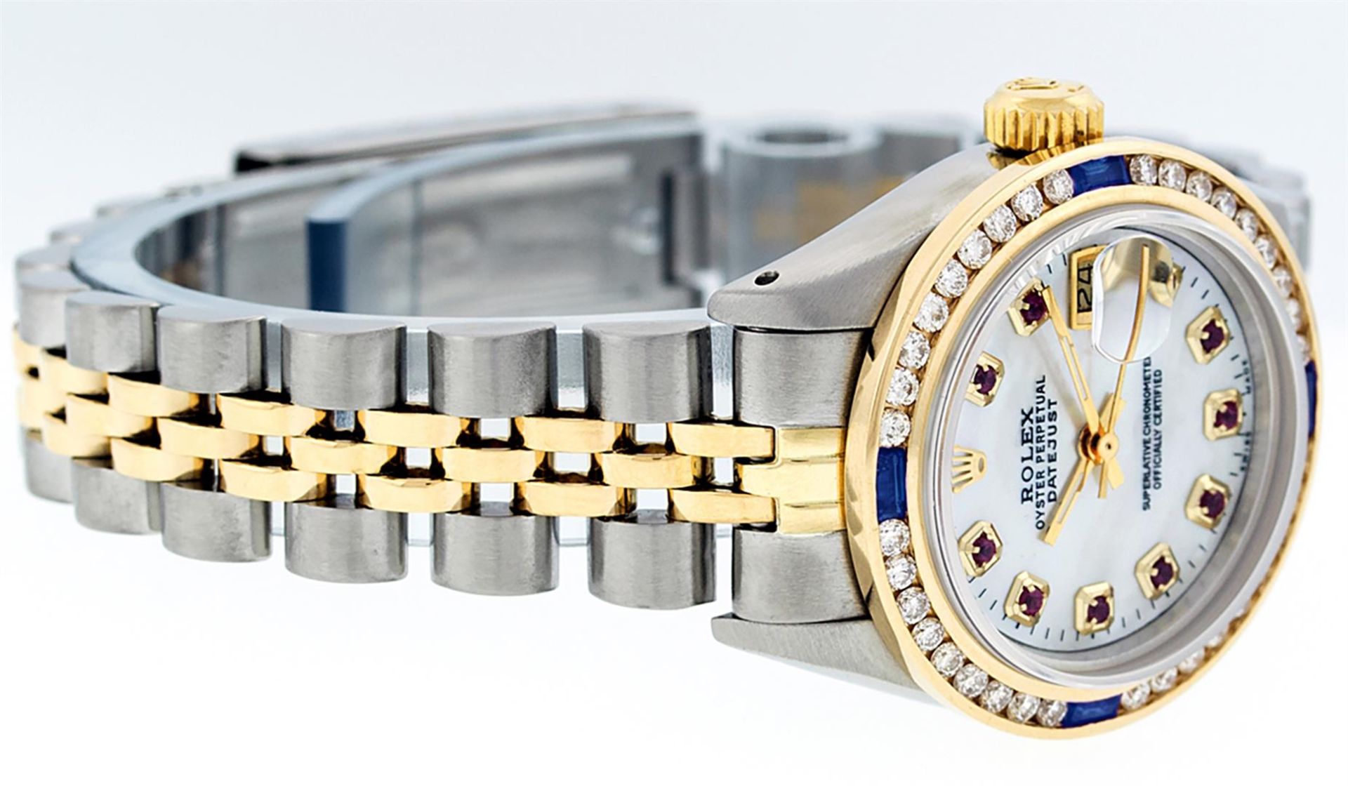 Rolex Ladies 2 Tone MOP Ruby & Sapphire Channel Set 26MM Datejust Wristwatch - Image 4 of 9