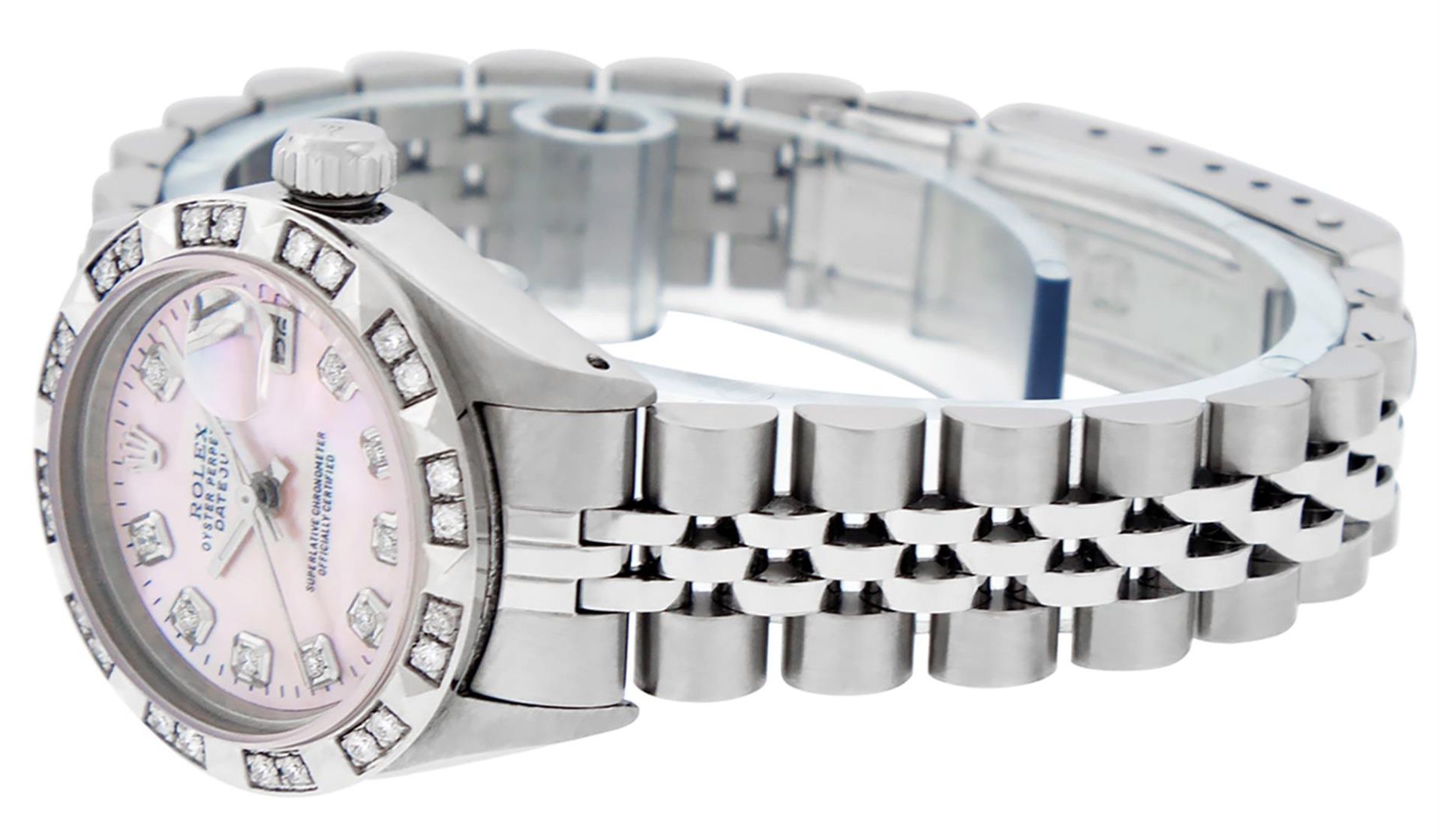 Rolex Ladies Stainless Steel Pink MOP Pyramid Diamond Datejust Wristwatch 26MM - Image 6 of 9