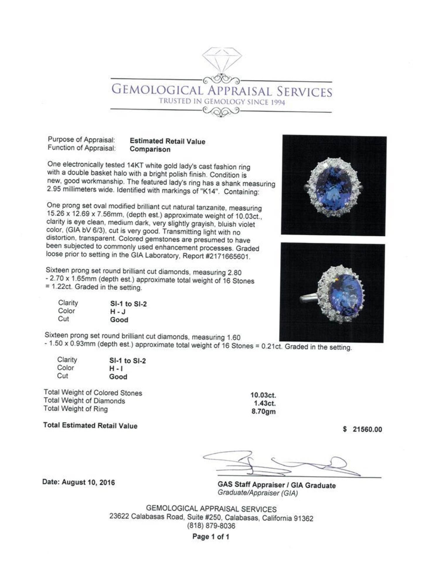 GIA Cert 10.03 ctw Tanzanite and Diamond Ring - 14KT White Gold - Image 5 of 6