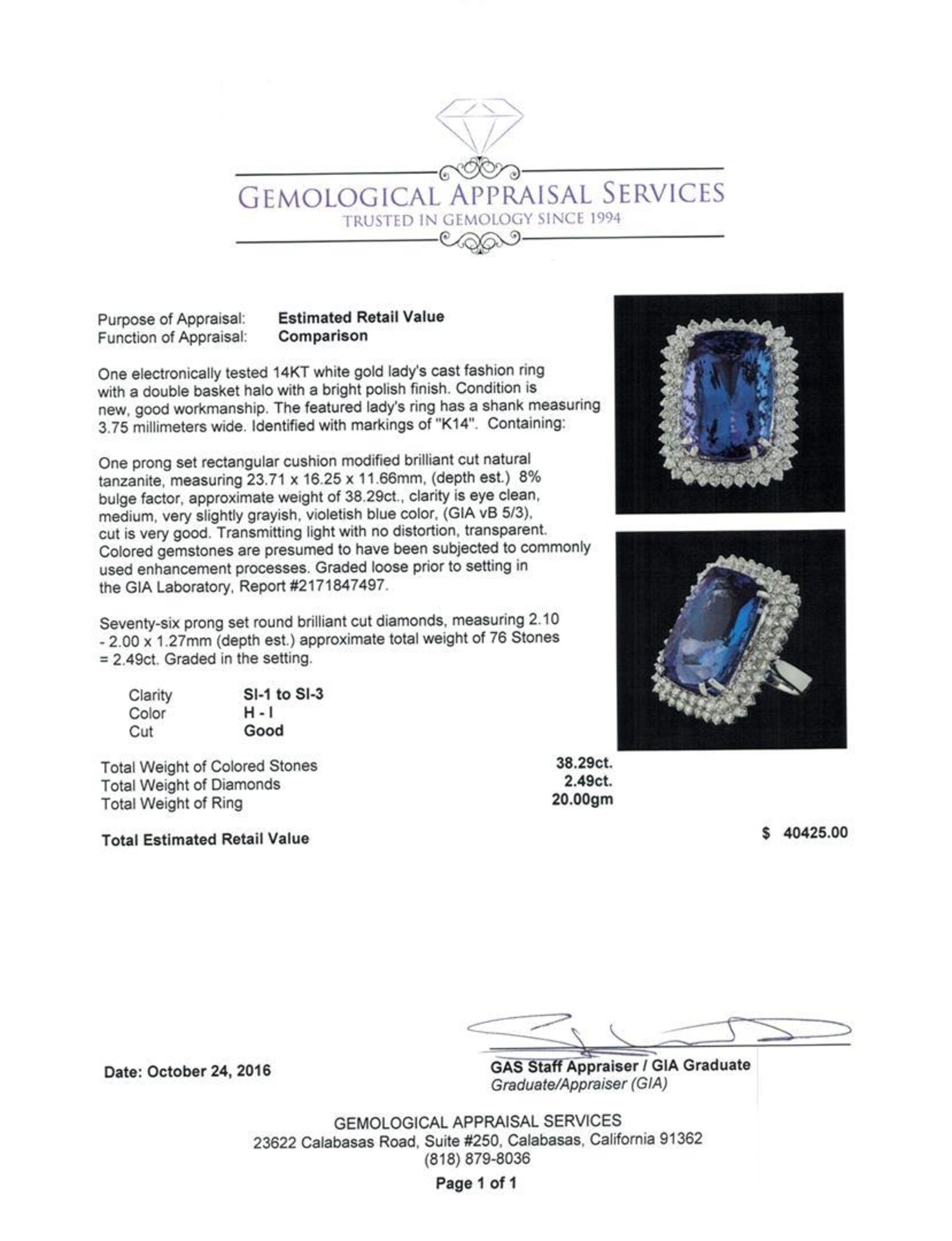 GIA Cert 38.29 ctw Tanzanite and Diamond Ring - 14KT White Gold - Image 5 of 6