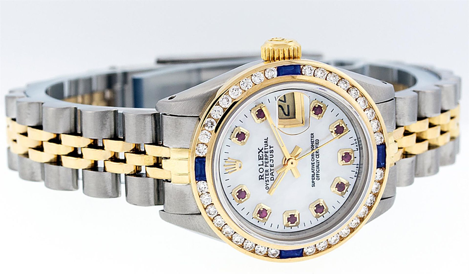 Rolex Ladies 2 Tone MOP Ruby & Sapphire Channel Set 26MM Datejust Wristwatch - Image 3 of 9