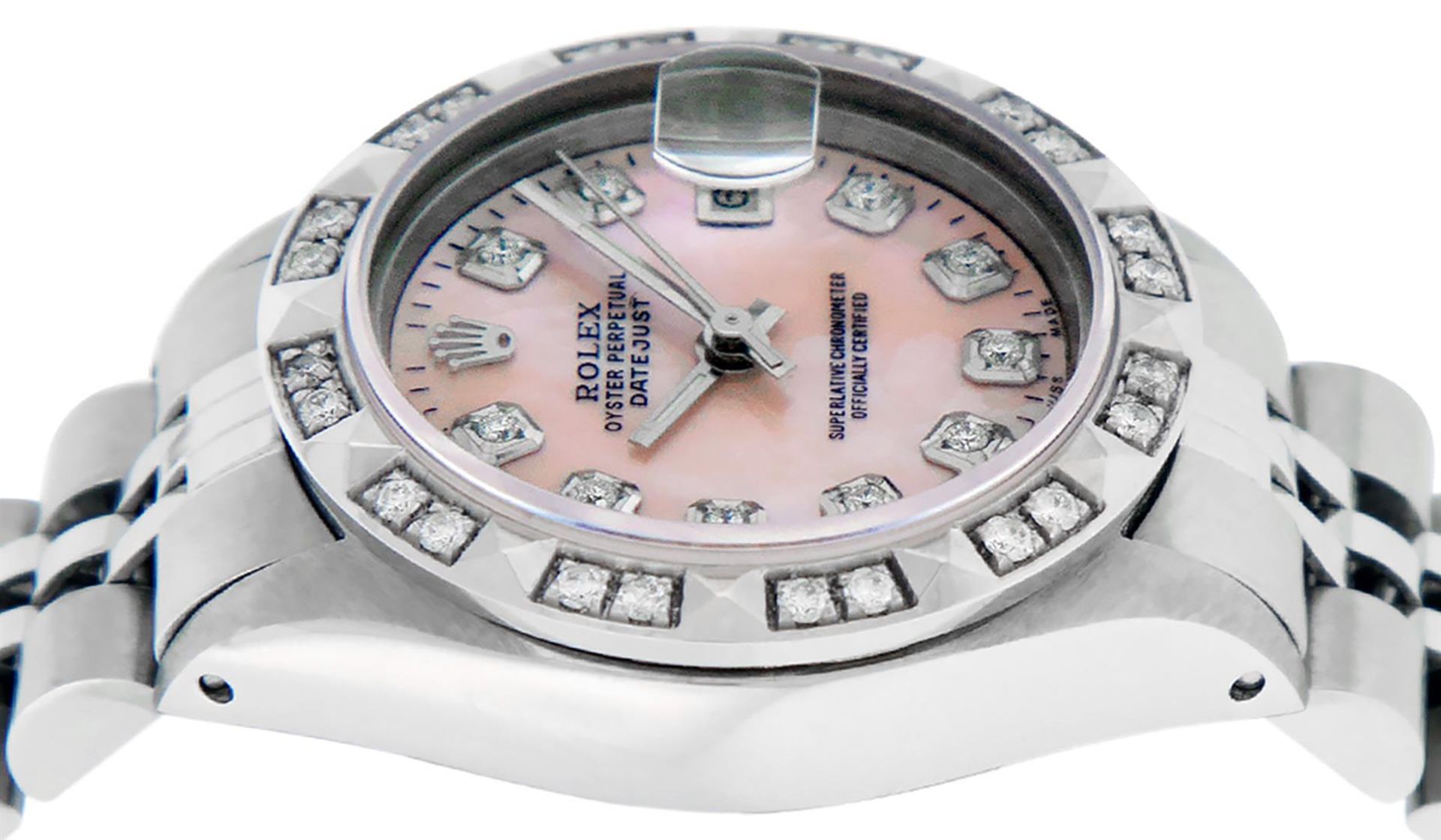 Rolex Ladies Stainless Steel Pink MOP Pyramid Diamond Datejust Wristwatch 26MM - Image 5 of 9