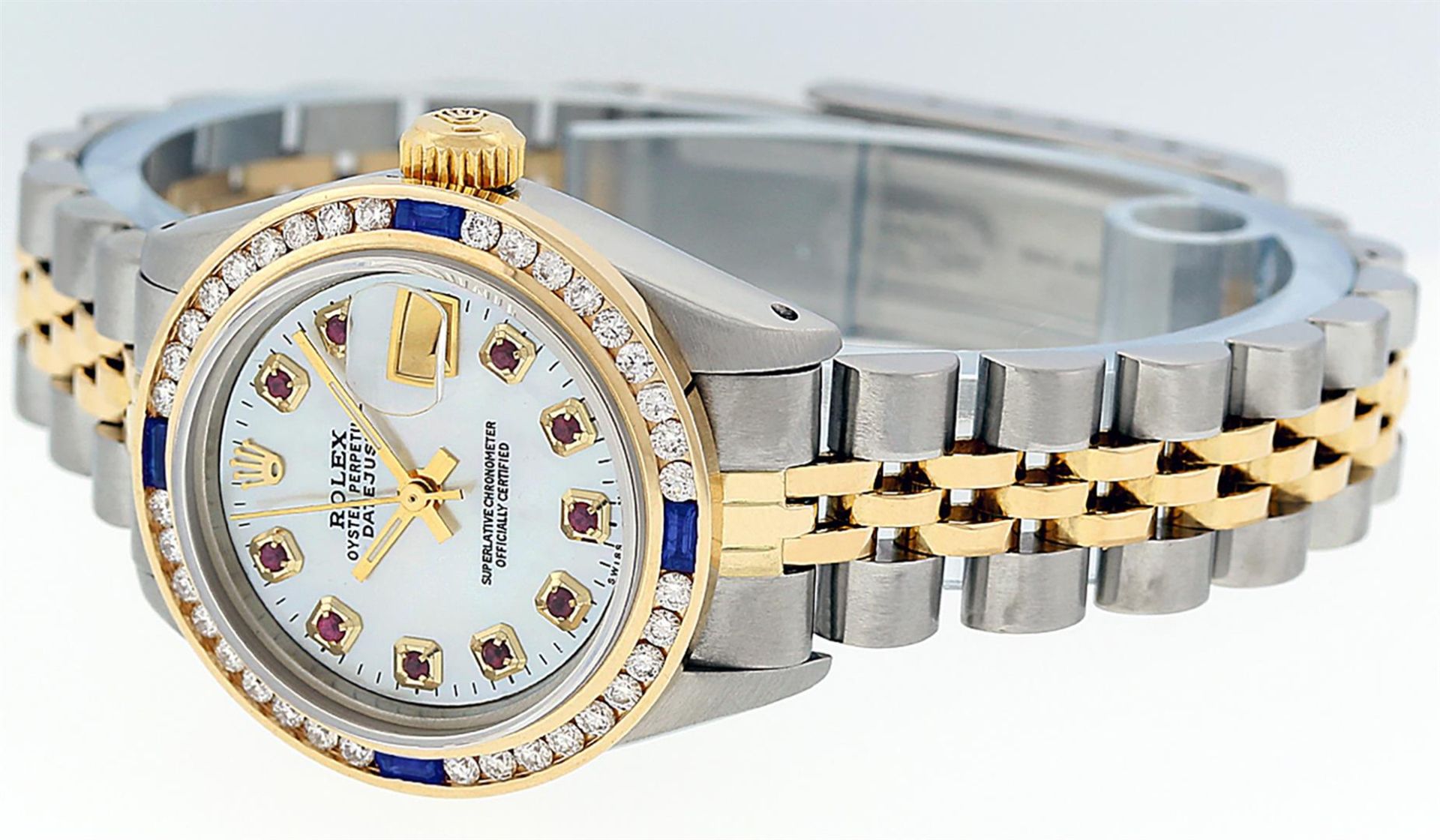 Rolex Ladies 2 Tone MOP Ruby & Sapphire Channel Set 26MM Datejust Wristwatch - Image 9 of 9