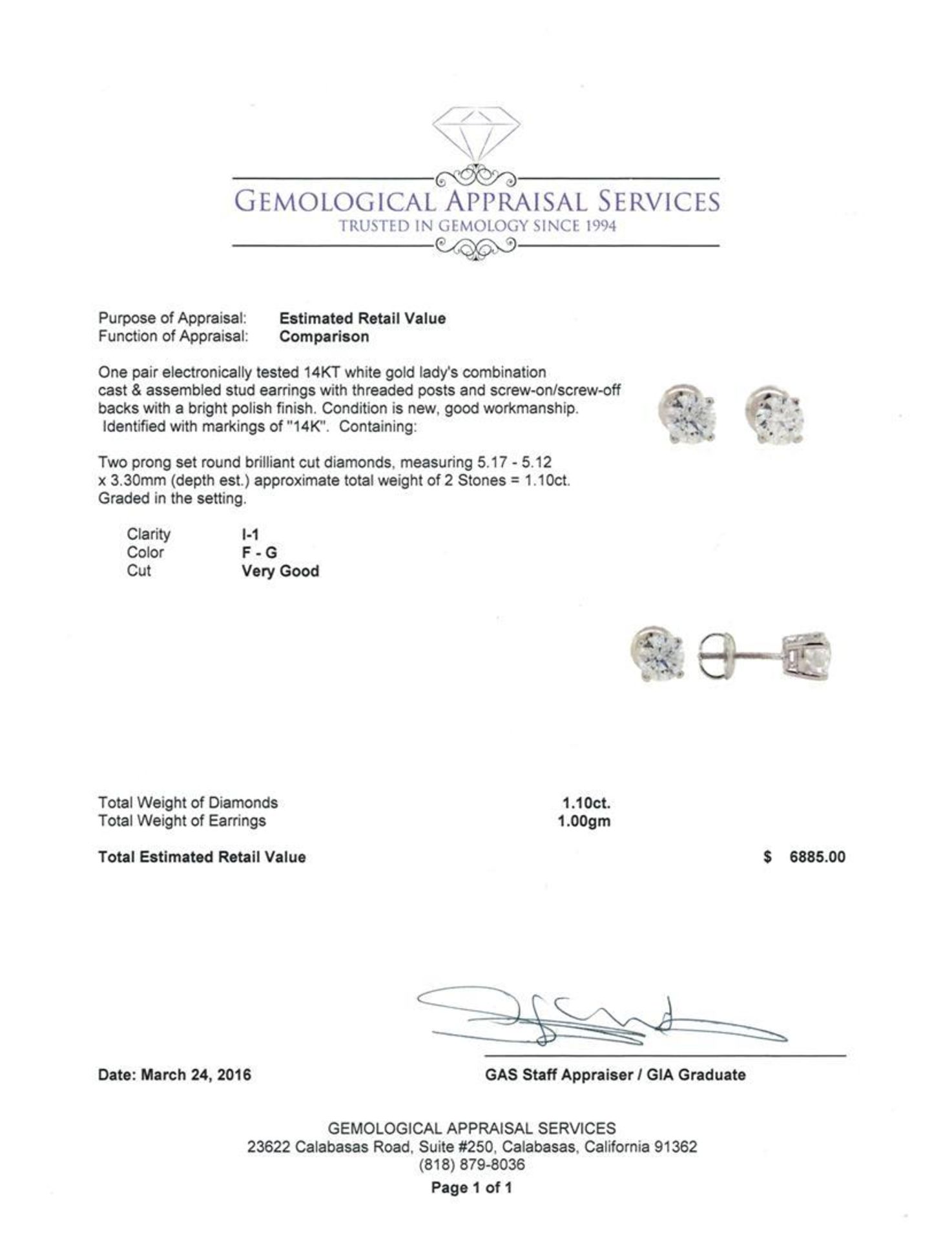 1.10 ctw Diamond Stud Earrings - 14KT White Gold - Image 3 of 3