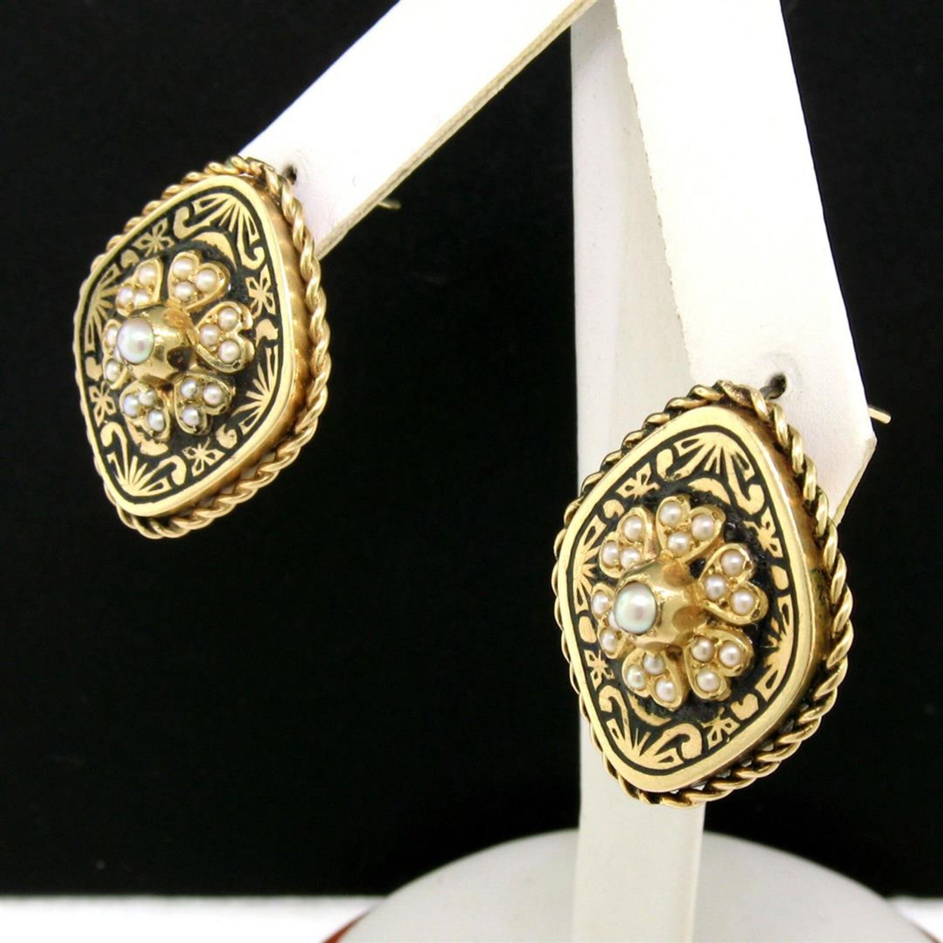 Antique Victorian 14K Gold Seed Pearl & Black Enamel Marquise Panel Earrings - Image 3 of 5
