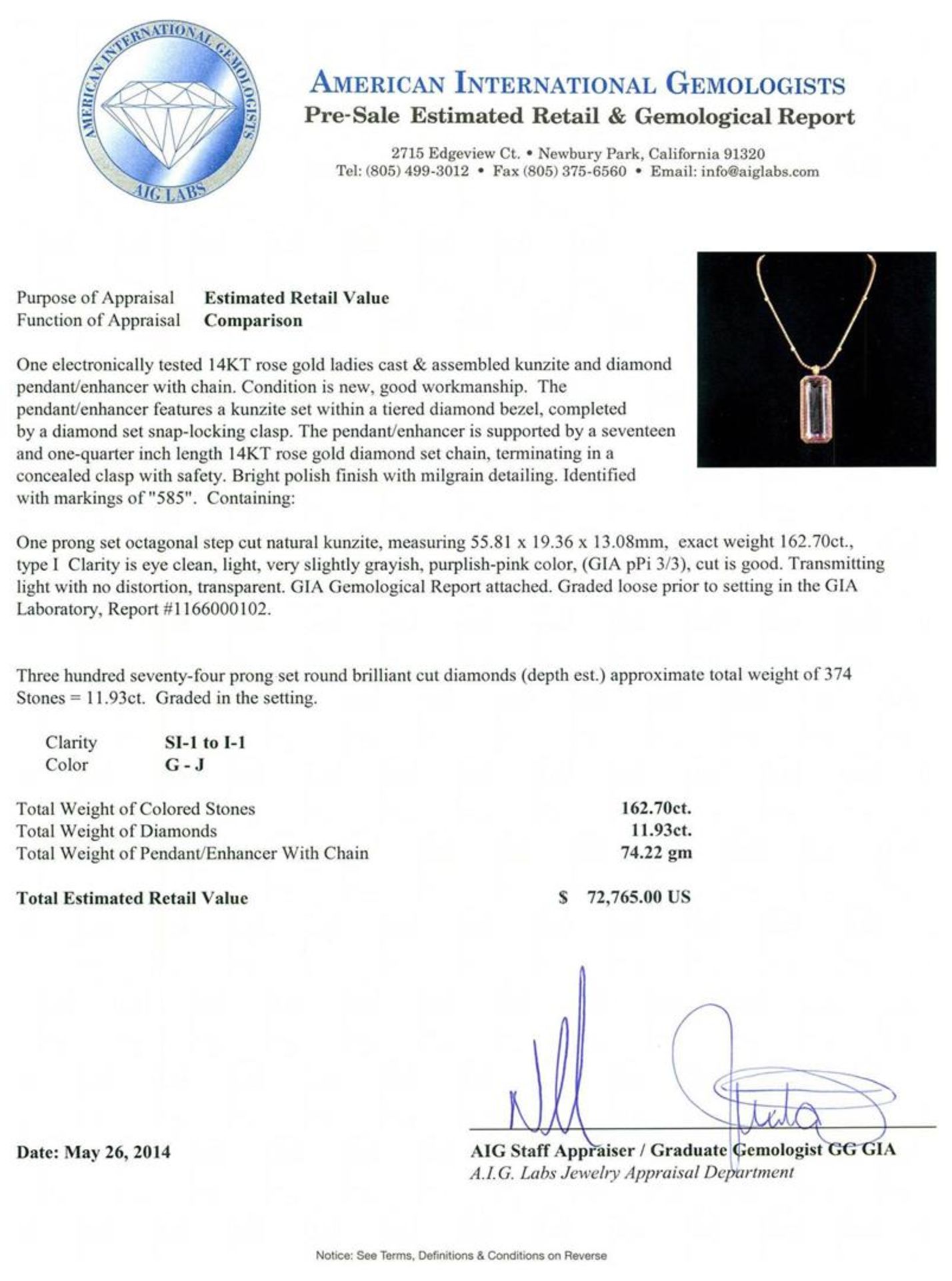 14KT Rose Gold GIA Certified 162.70 ctw Kunzite and Diamond Pendant With Chain - Image 4 of 5