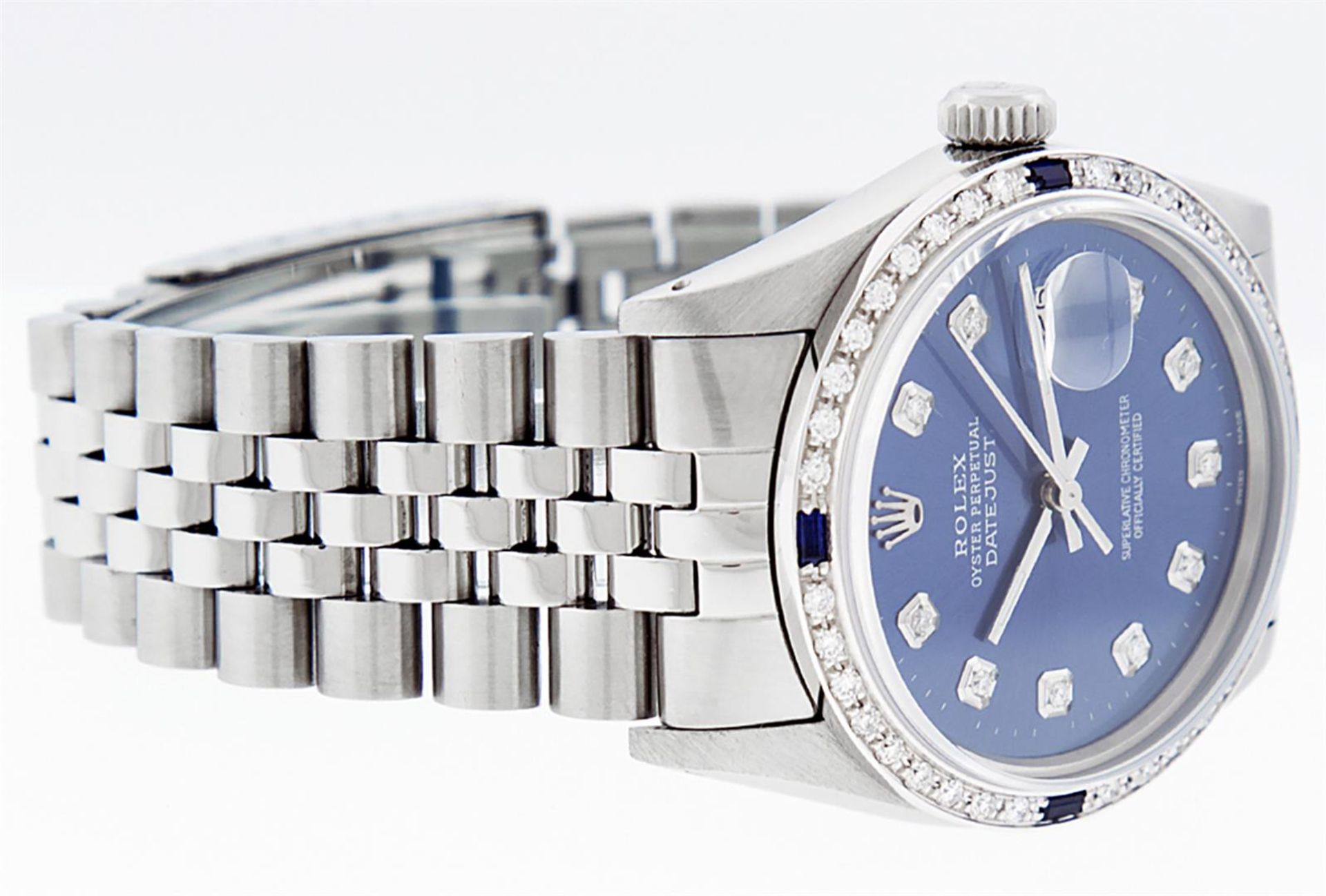 Rolex Mens Stainless Steel Blue Diamond & Sapphire Oyster Perpetual Datejust Wri - Image 3 of 9