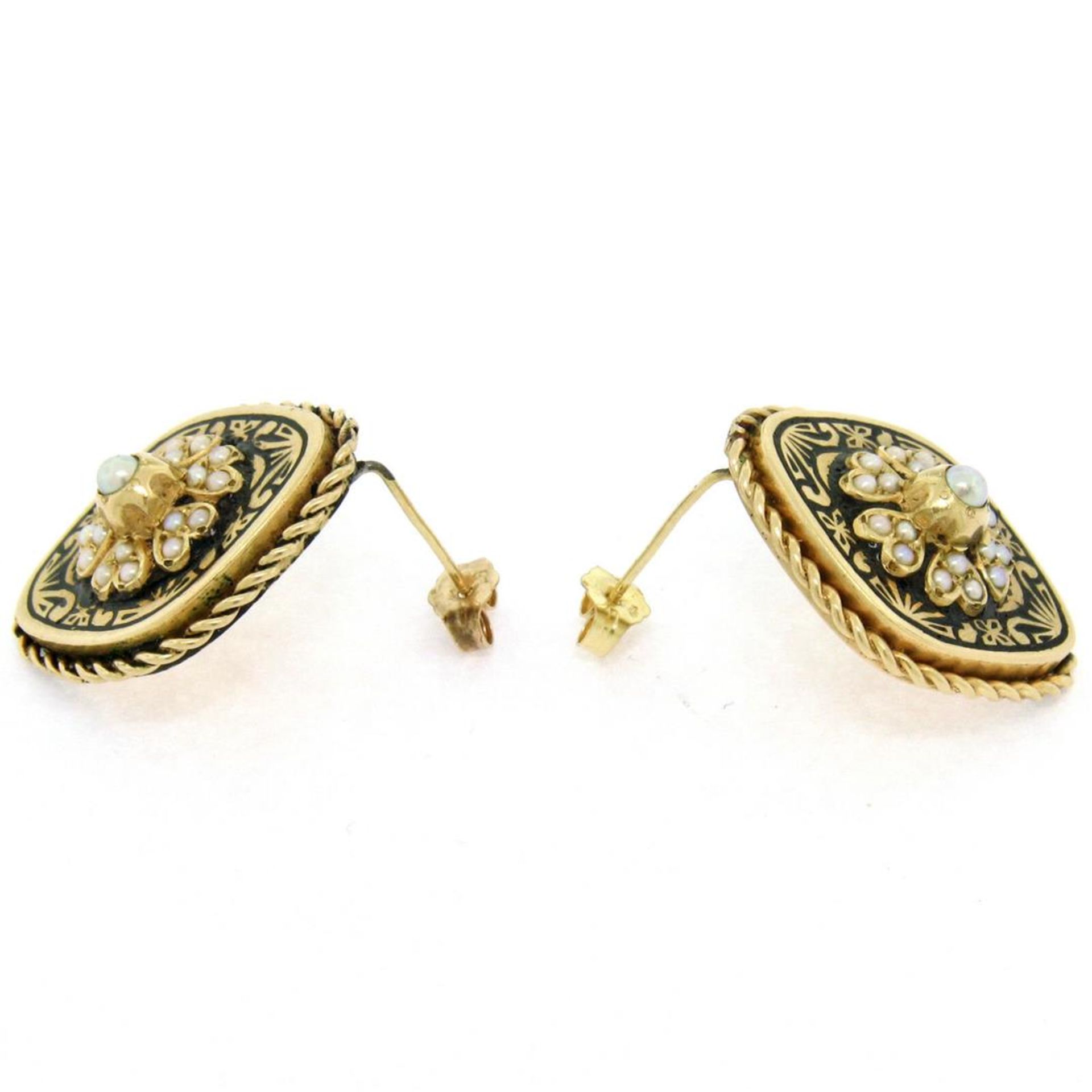Antique Victorian 14K Gold Seed Pearl & Black Enamel Marquise Panel Earrings - Image 5 of 5