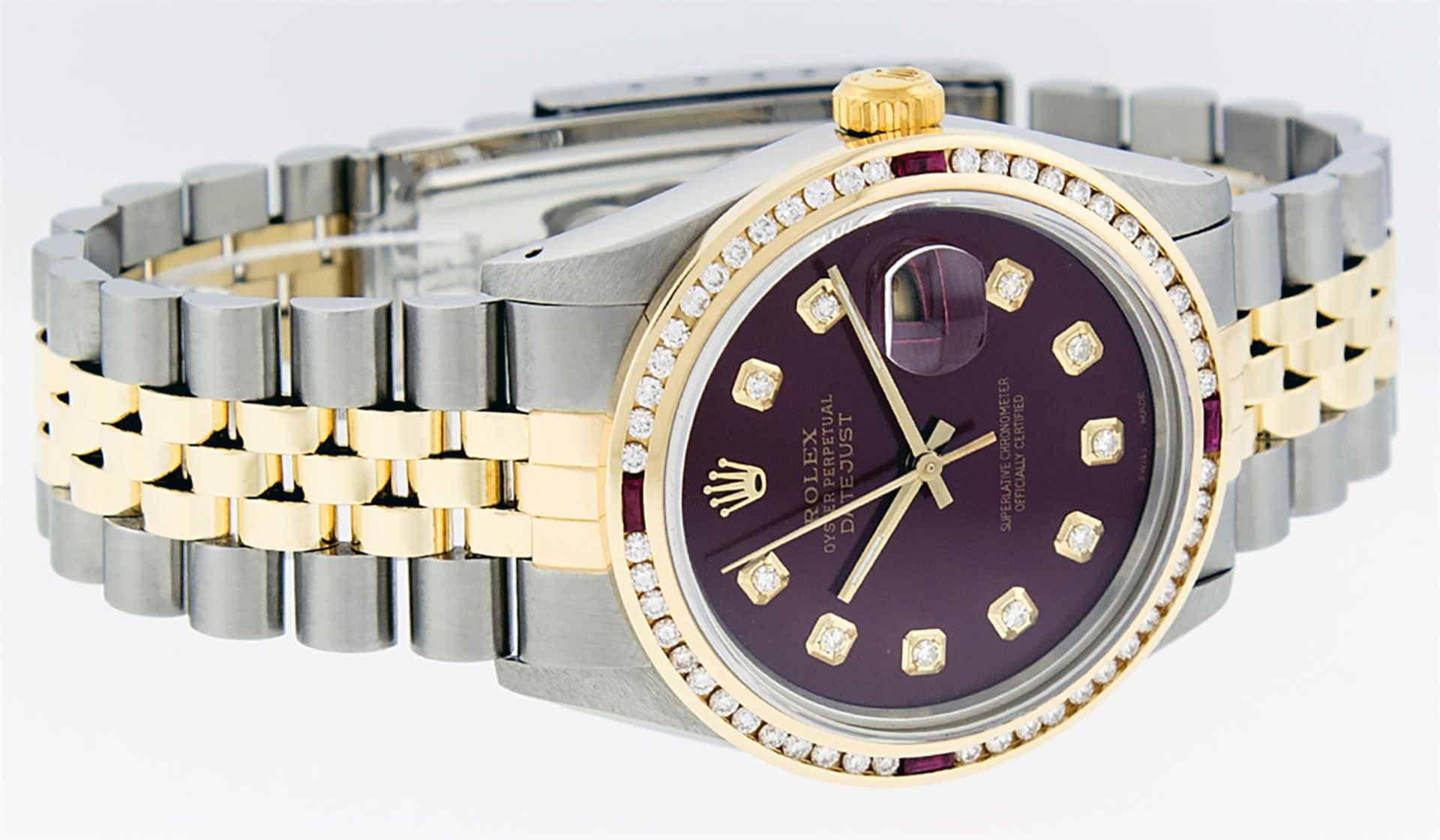 Rolex Mens 2 Tone Maroon & Ruby Channel Set Diamond Datejust Wristwatch - Image 3 of 9