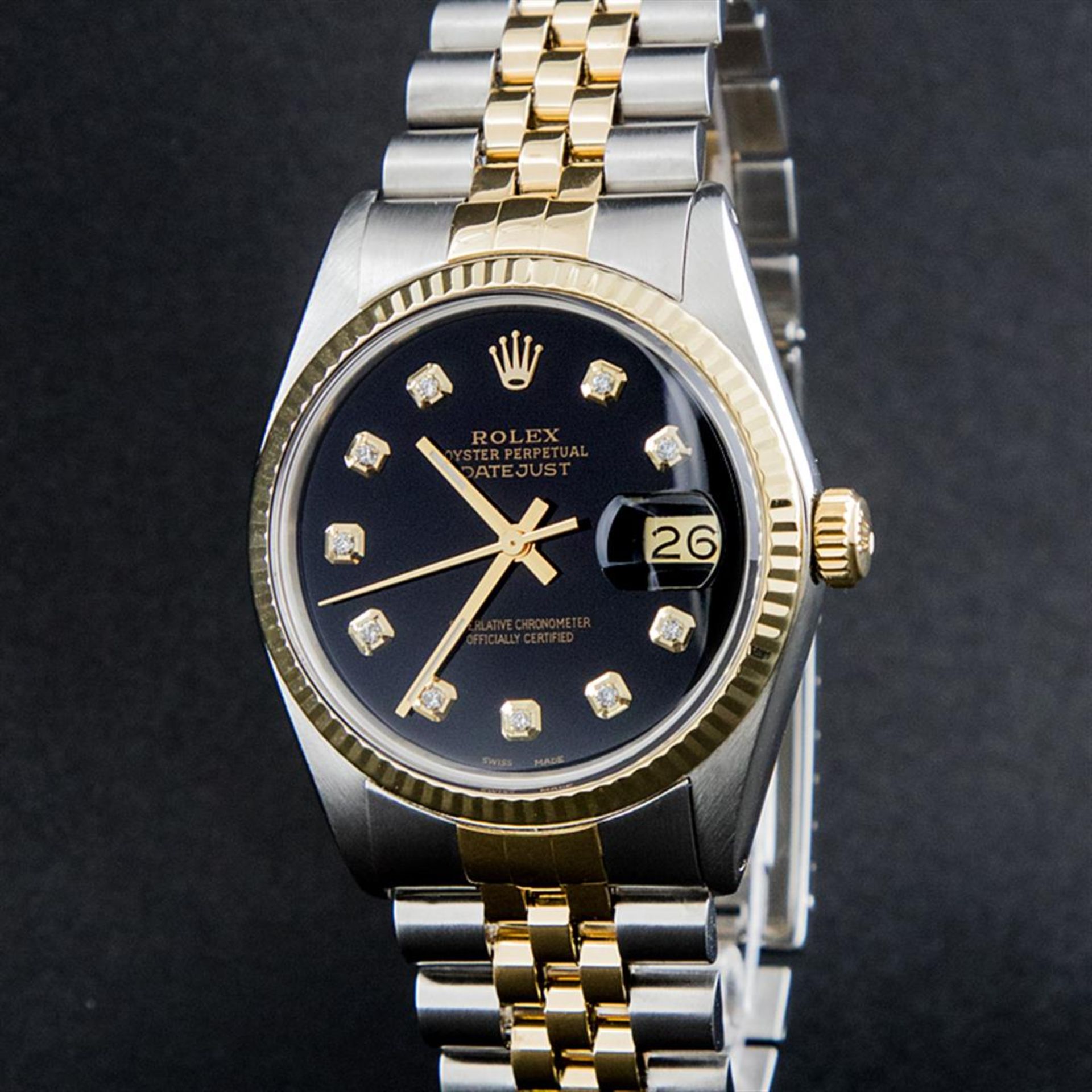 Rolex Mens 2 Tone Black Diamond 36MM Oyster Perpetual Datejust Wristwatch