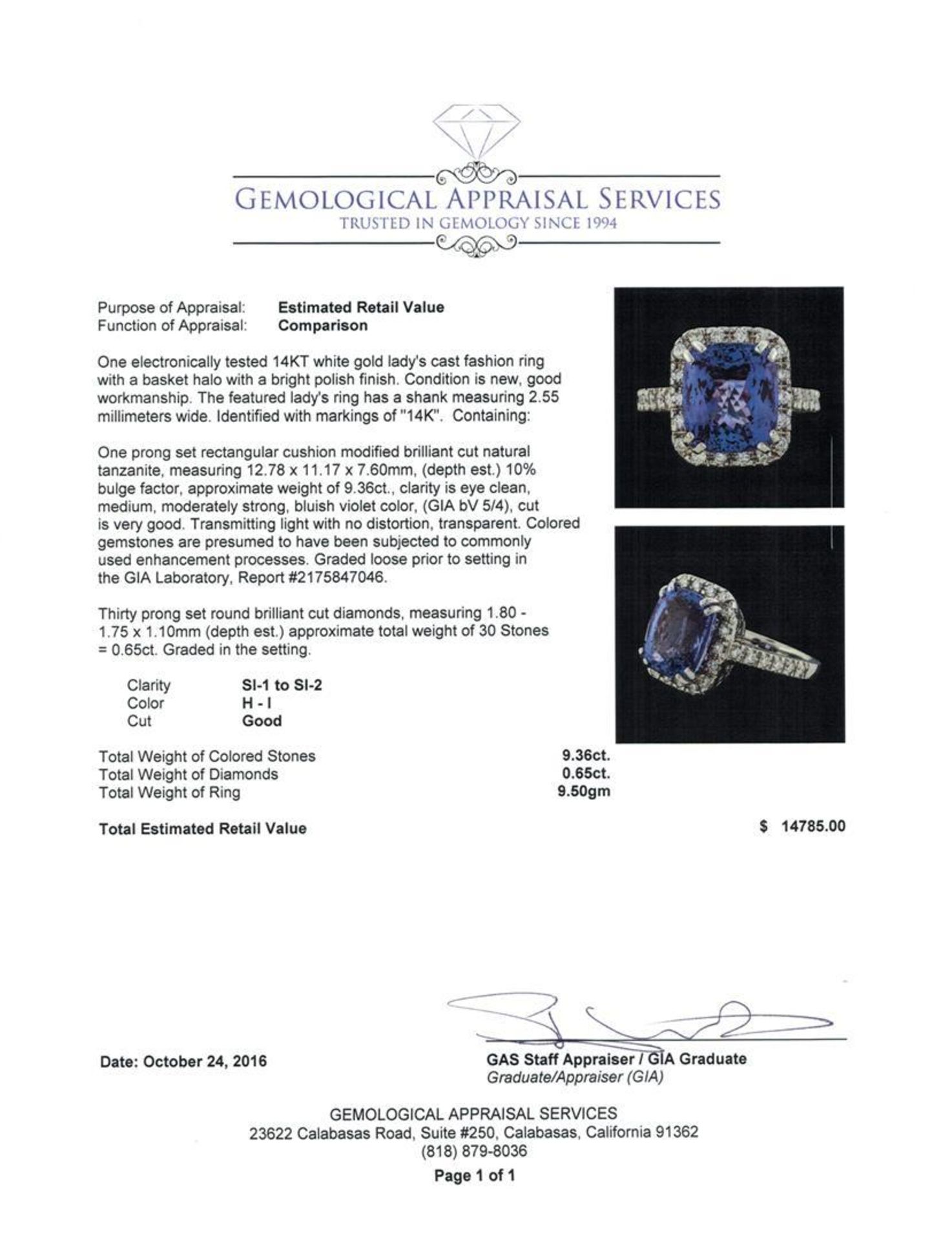 GIA Cert 9.36 ctw Tanzanite and Diamond Ring - 14KT White Gold - Image 5 of 6