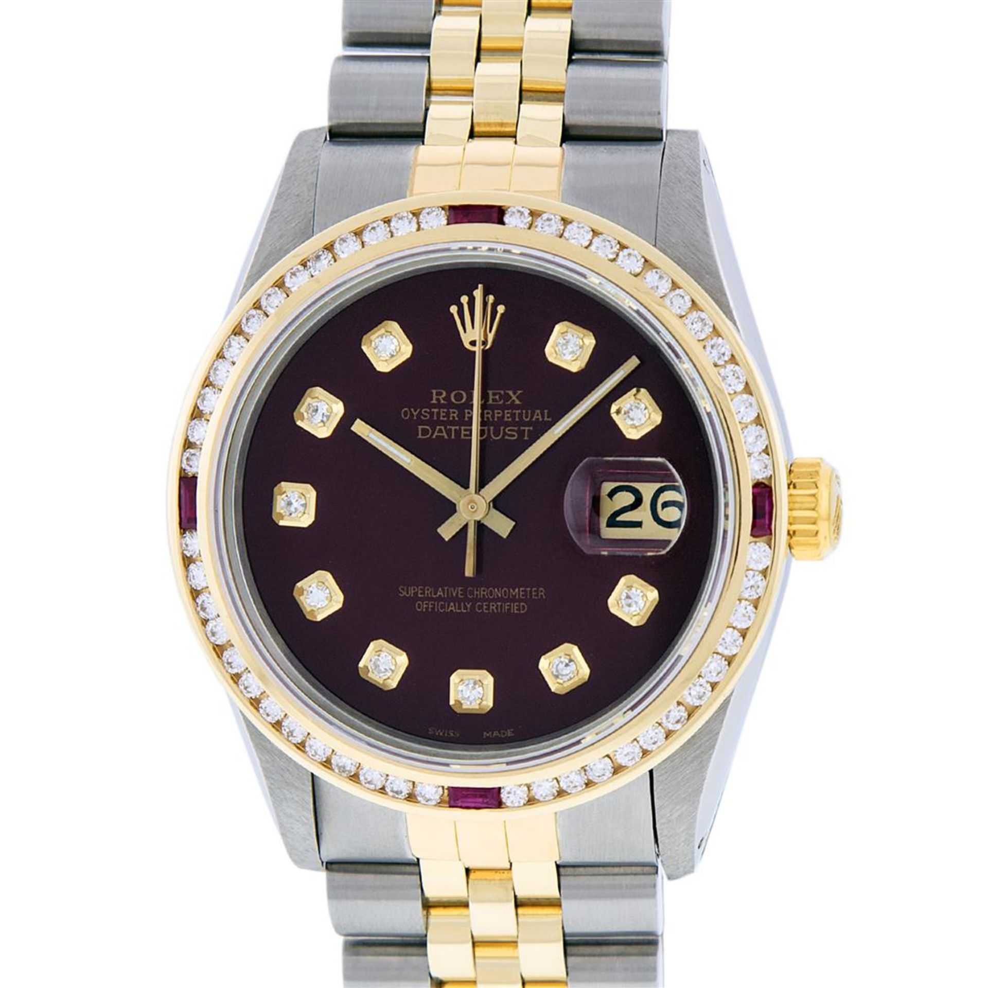 Rolex Mens 2 Tone Maroon & Ruby Channel Set Diamond Datejust Wristwatch - Image 2 of 9