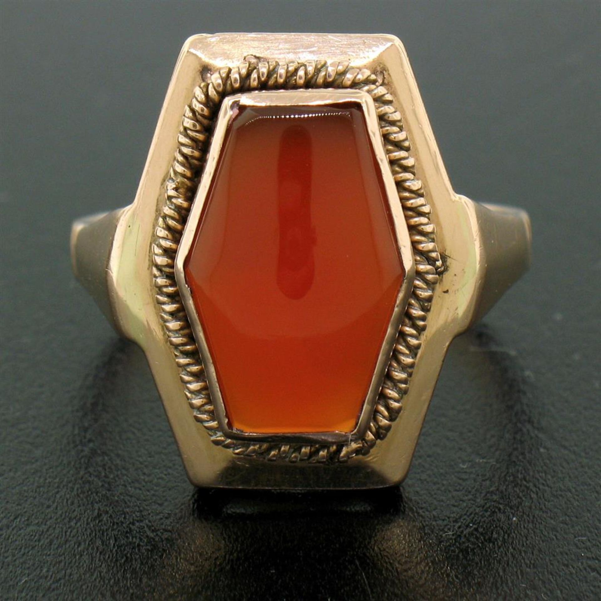 Vintage Russian 14kt Rose Gold Bezel Set Carnelian Hexagon Ring - Image 5 of 9