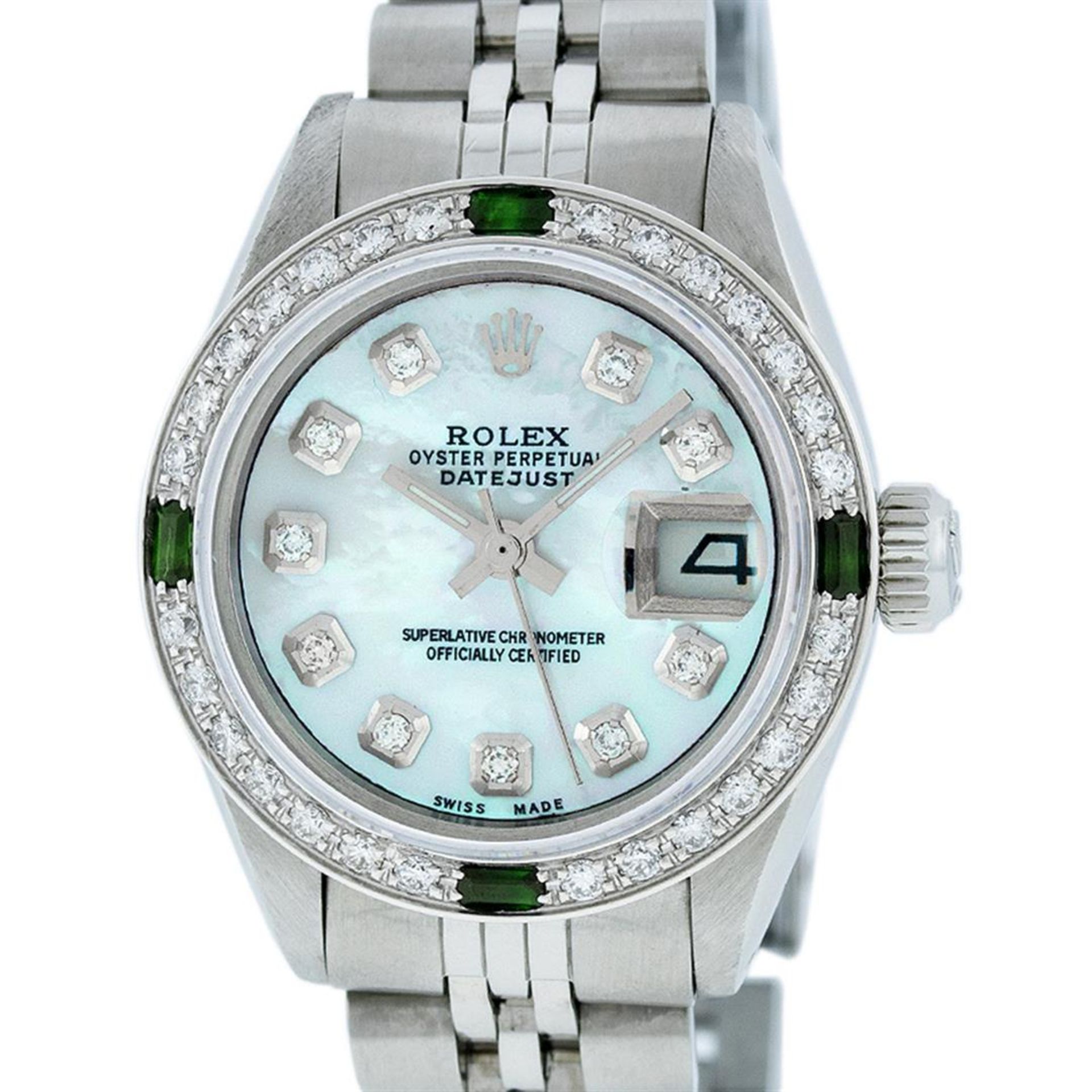 Rolex Ladies Stainless Steel Blue MOP Diamond & Emerald Datejust Wristwatch - Image 2 of 9