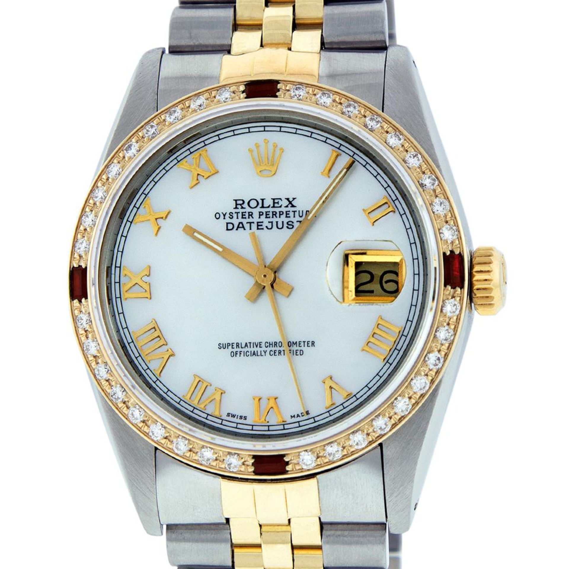Rolex Mens 2 Tone Mother Of Pearl Diamond & Ruby 36MM Oyster Perpetual Datejust