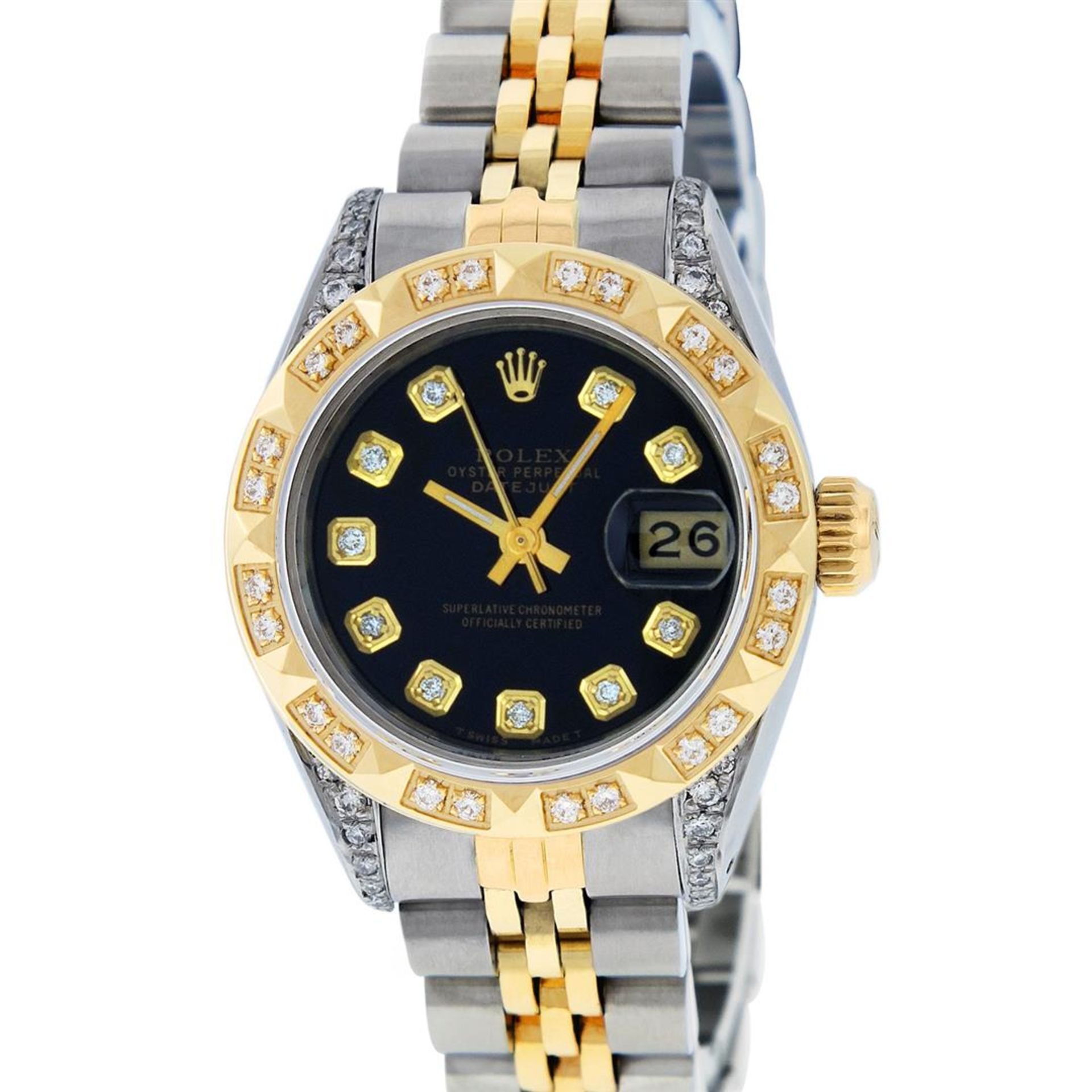 Rolex Ladies 2 Tone Black Lugs & Pyramid Diamond Datejust Wriswatch - Image 2 of 7