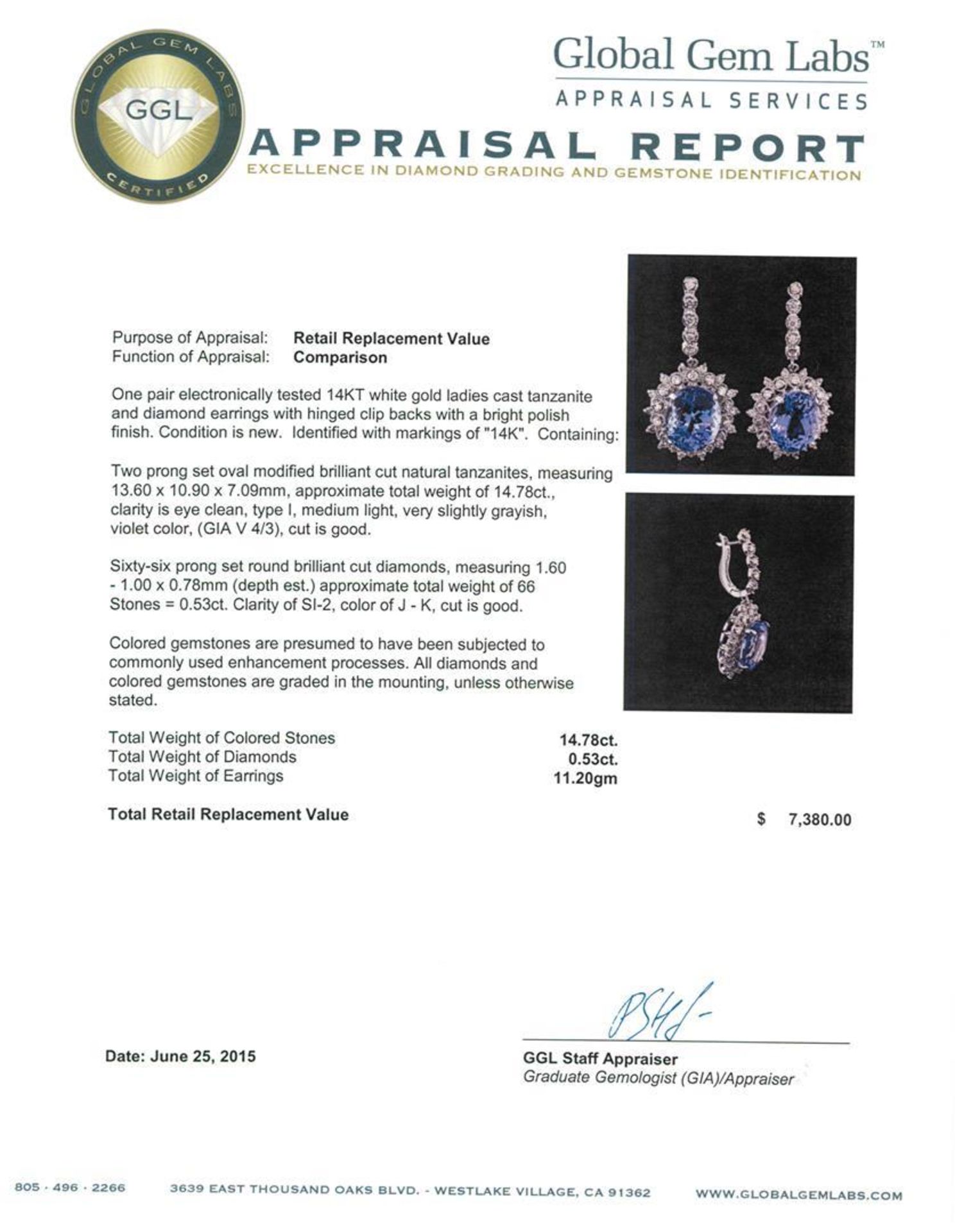 14.78 ctw Tanzanite and Diamond Earrings - 14KT White Gold - Image 3 of 3