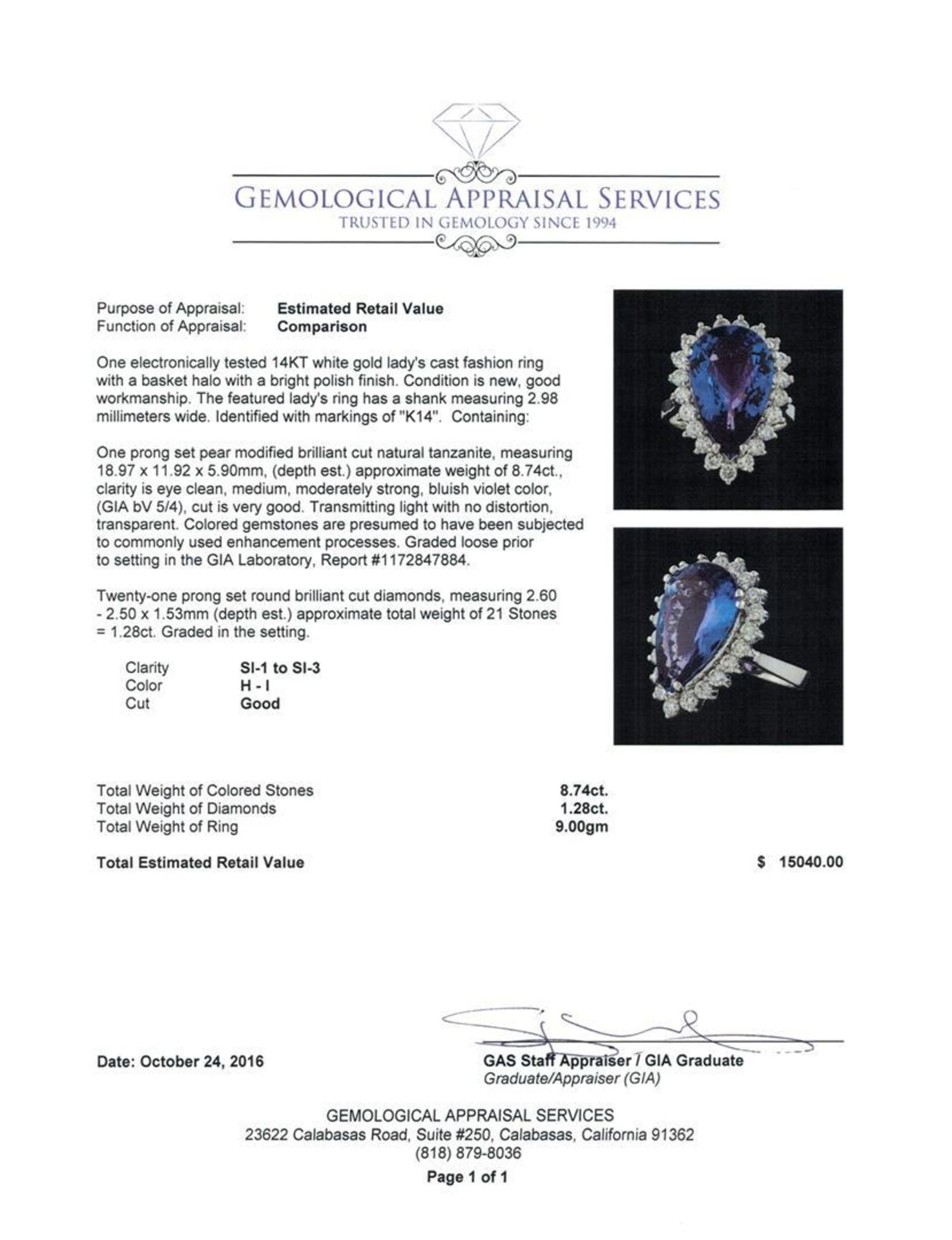 GIA Cert 8.74 ctw Tanzanite and Diamond Ring - 14KT White Gold - Image 5 of 6