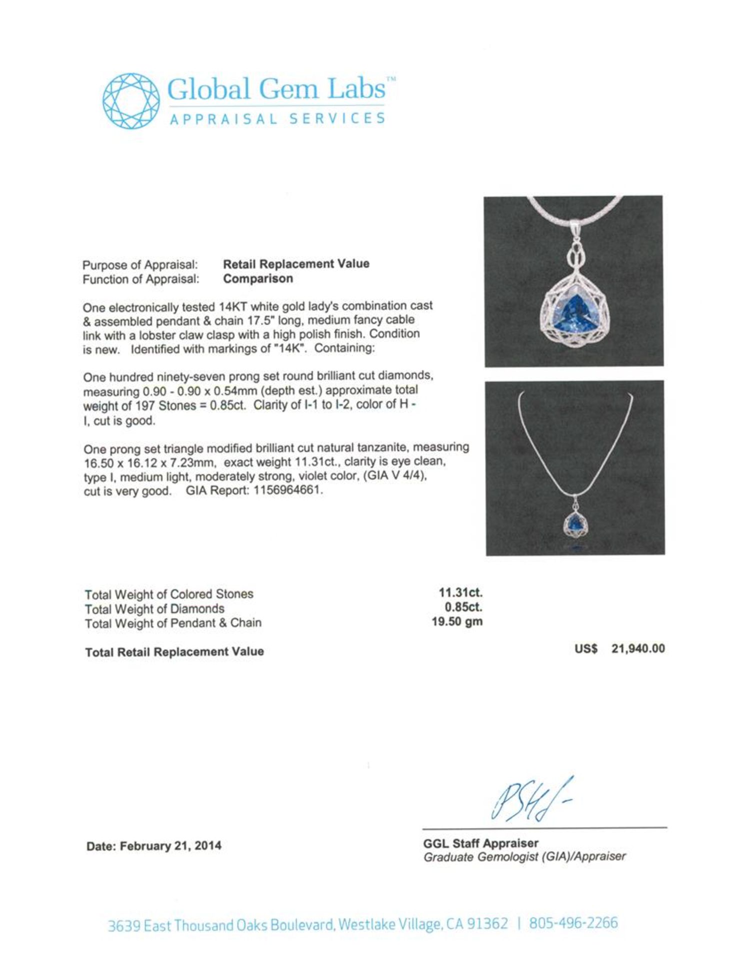 14KT White Gold 11.31 ctw GIA Certified Tanzanite and Diamond Pendant With Chain - Image 3 of 4