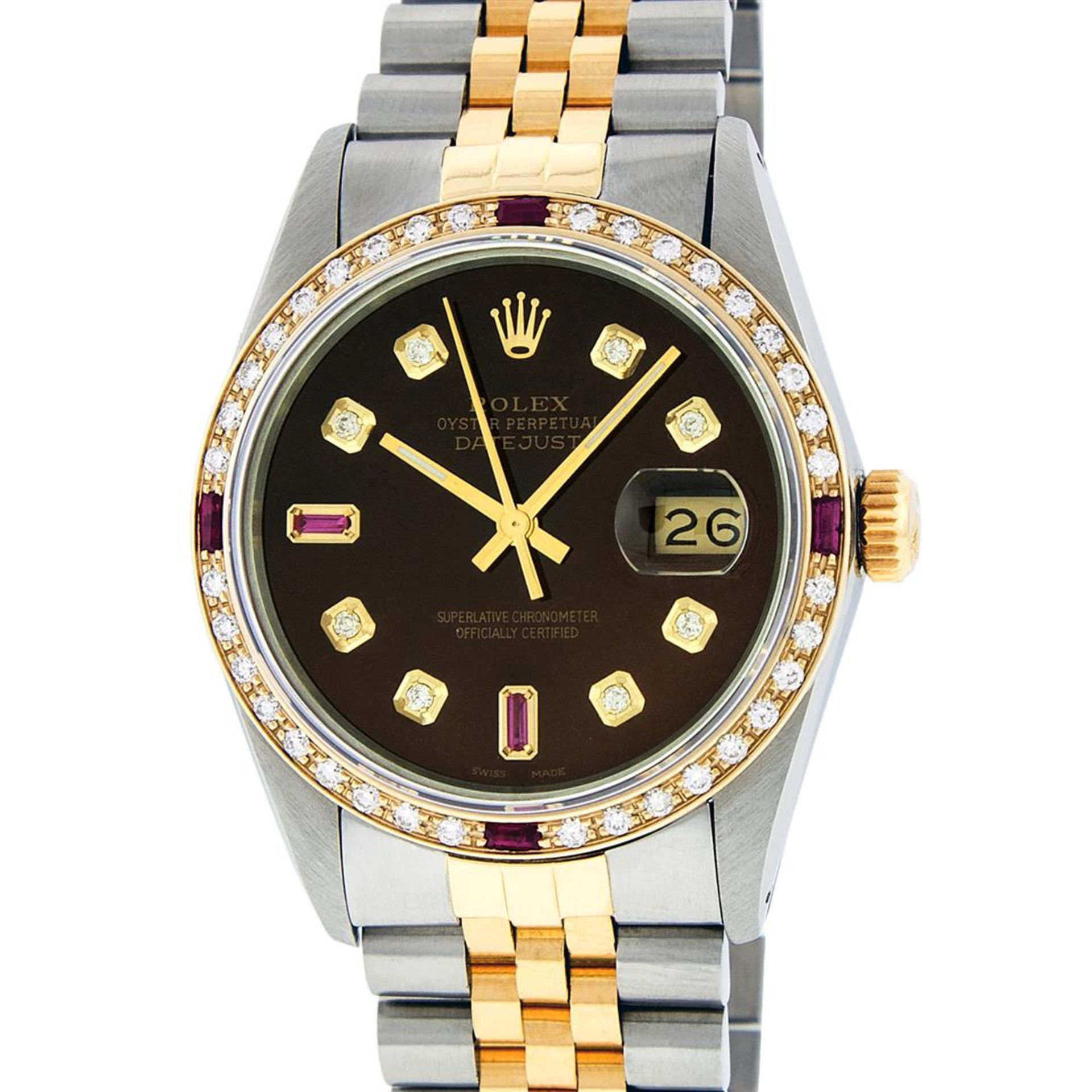 Rolex Mens 2T Brown Diamond & Ruby 36MM Oyster Perpetual Datejust