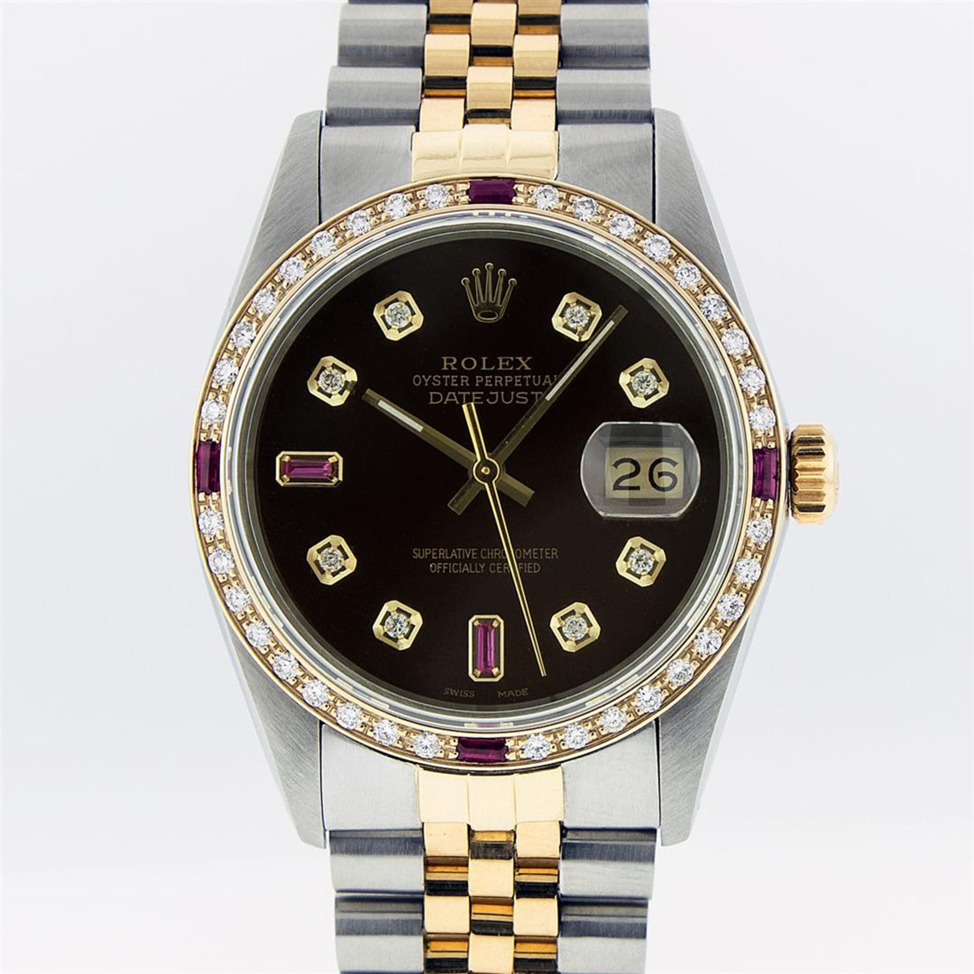 Rolex Mens 2T Brown Diamond & Ruby 36MM Oyster Perpetual Datejust - Image 2 of 9