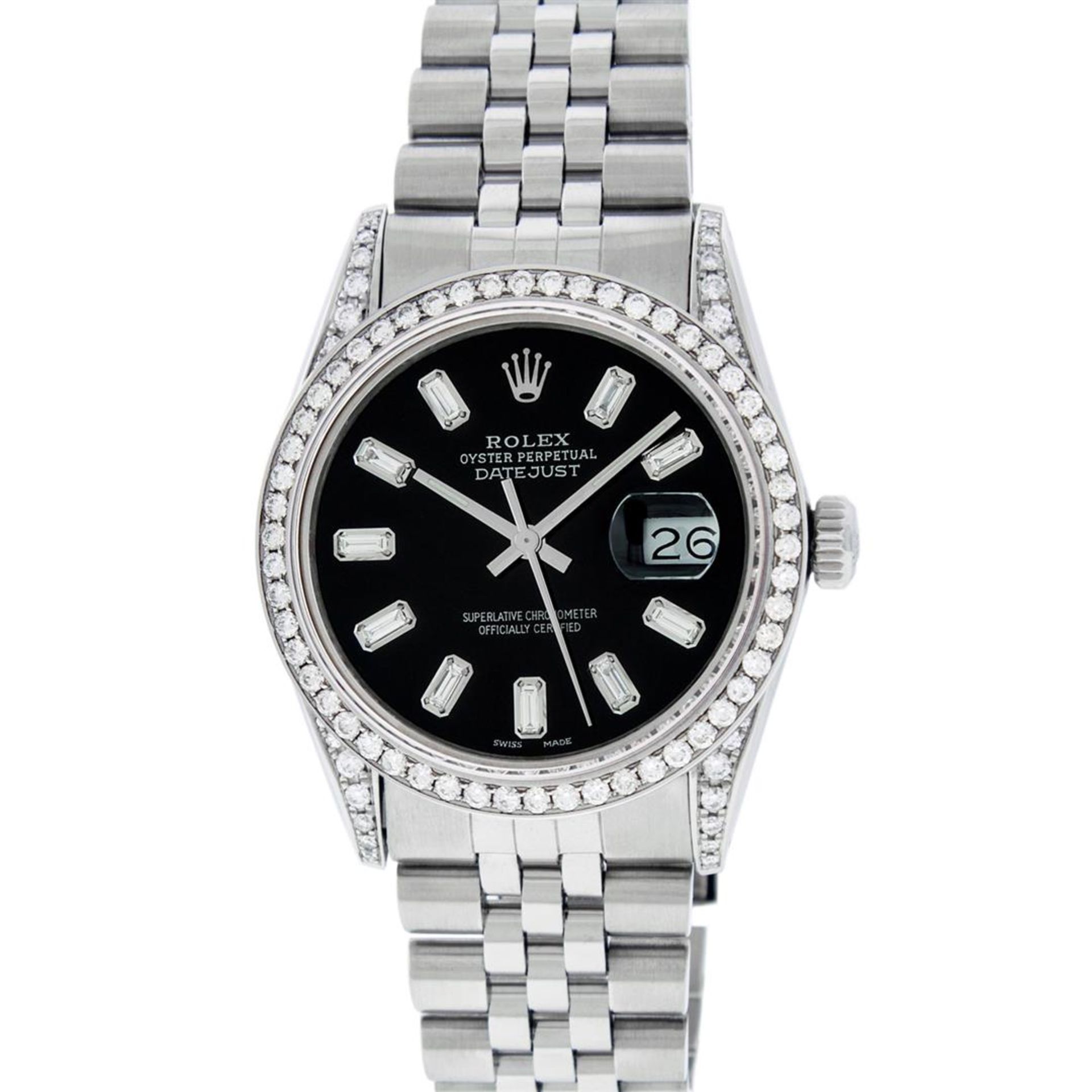 Rolex Mens Stainless Black Baguette Diamond Lugs Oyster Perpetual Datejust Wrist - Image 2 of 7