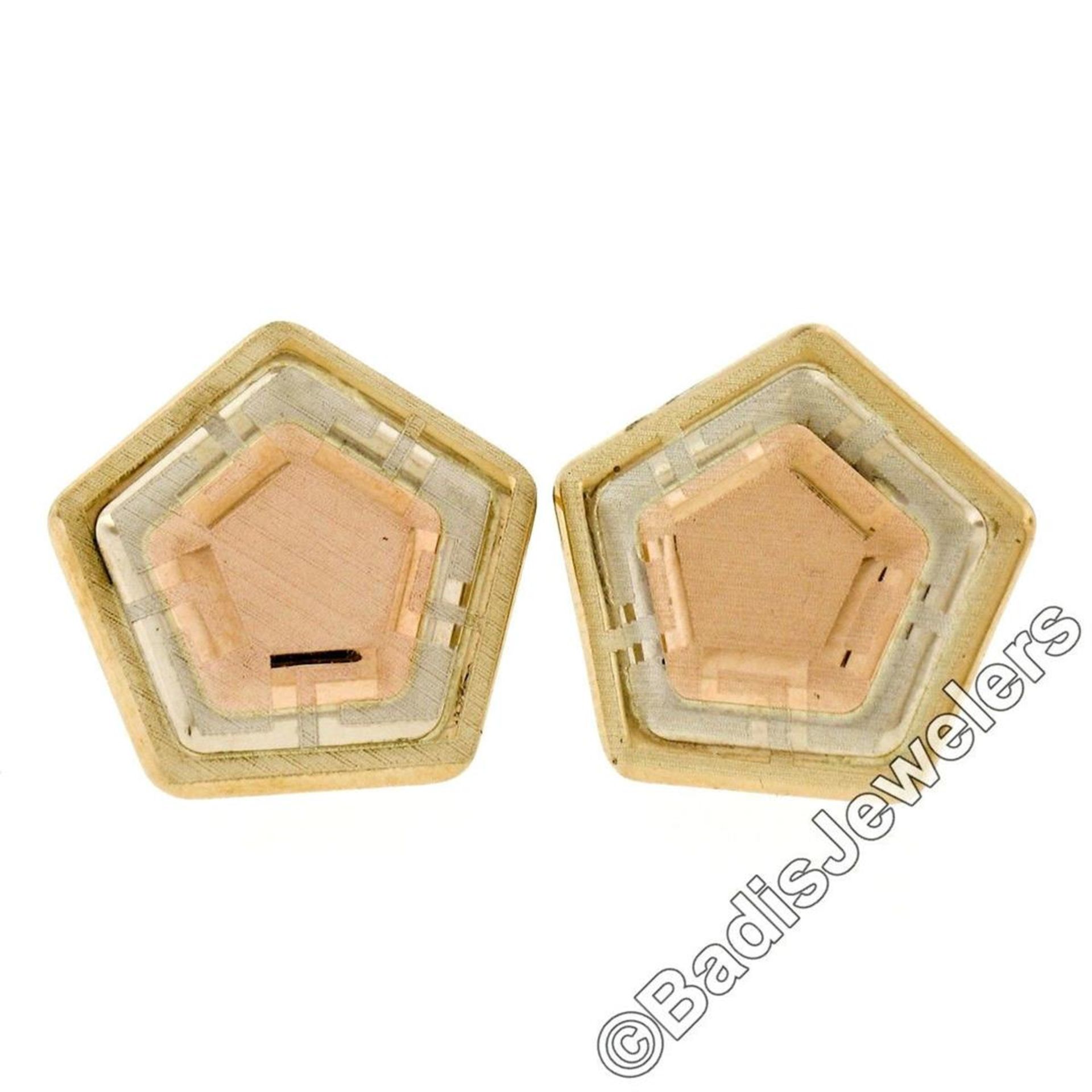 New 14kt Rose, White, and Yellow Gold Stone Finished Tiered Pentagon Stud Earrin