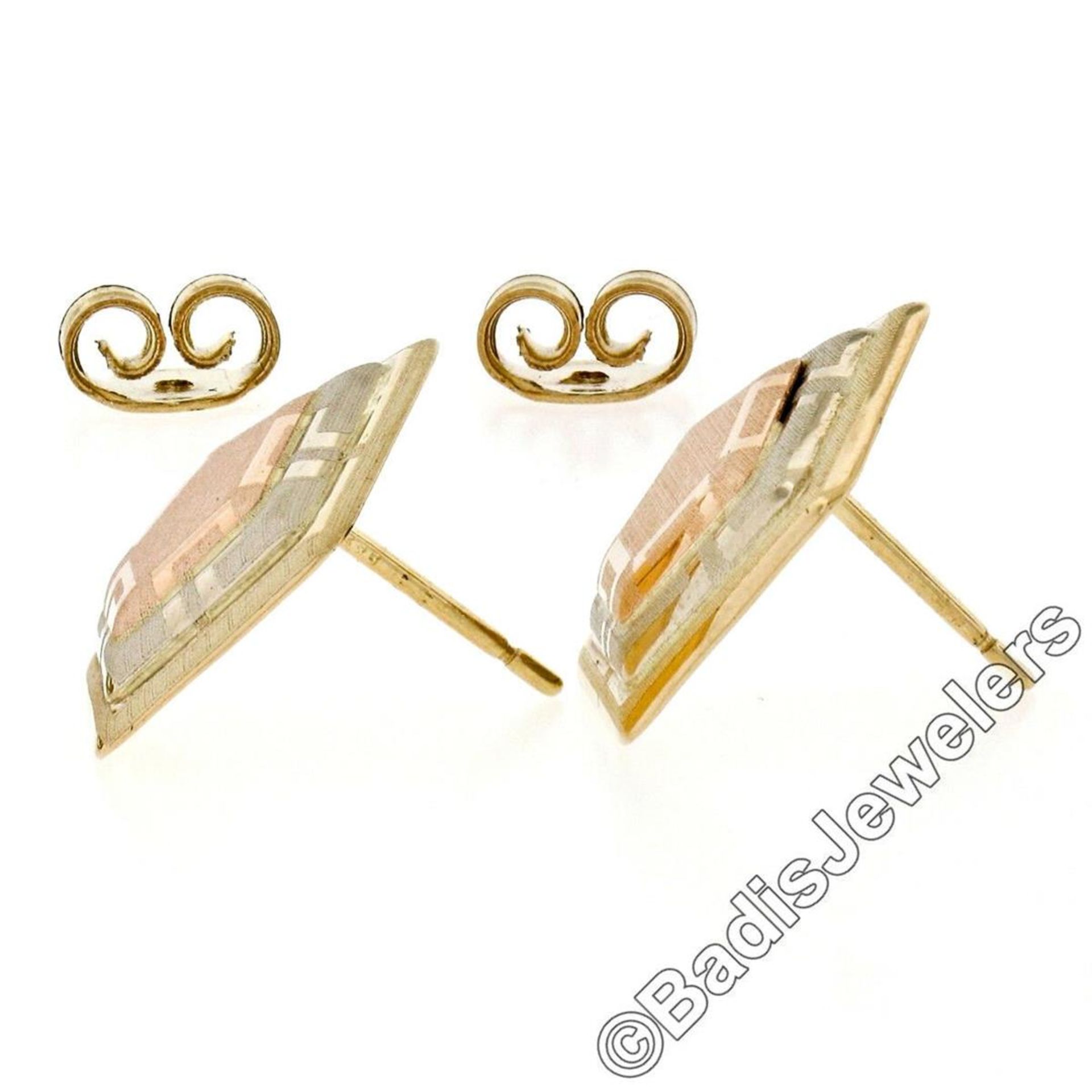 New 14kt Rose, White, and Yellow Gold Stone Finished Tiered Pentagon Stud Earrin - Image 3 of 6