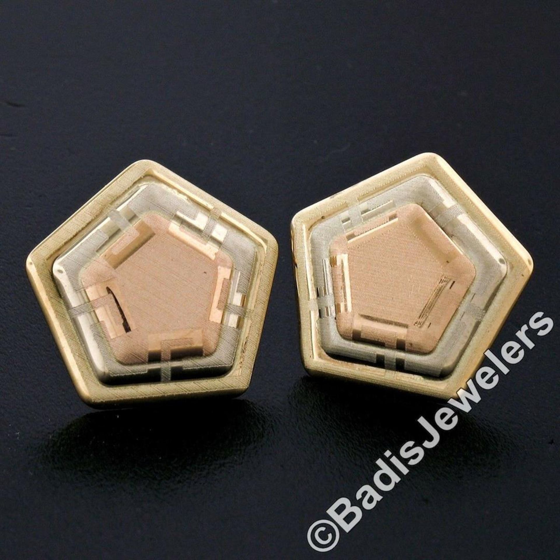 New 14kt Rose, White, and Yellow Gold Stone Finished Tiered Pentagon Stud Earrin - Image 2 of 6