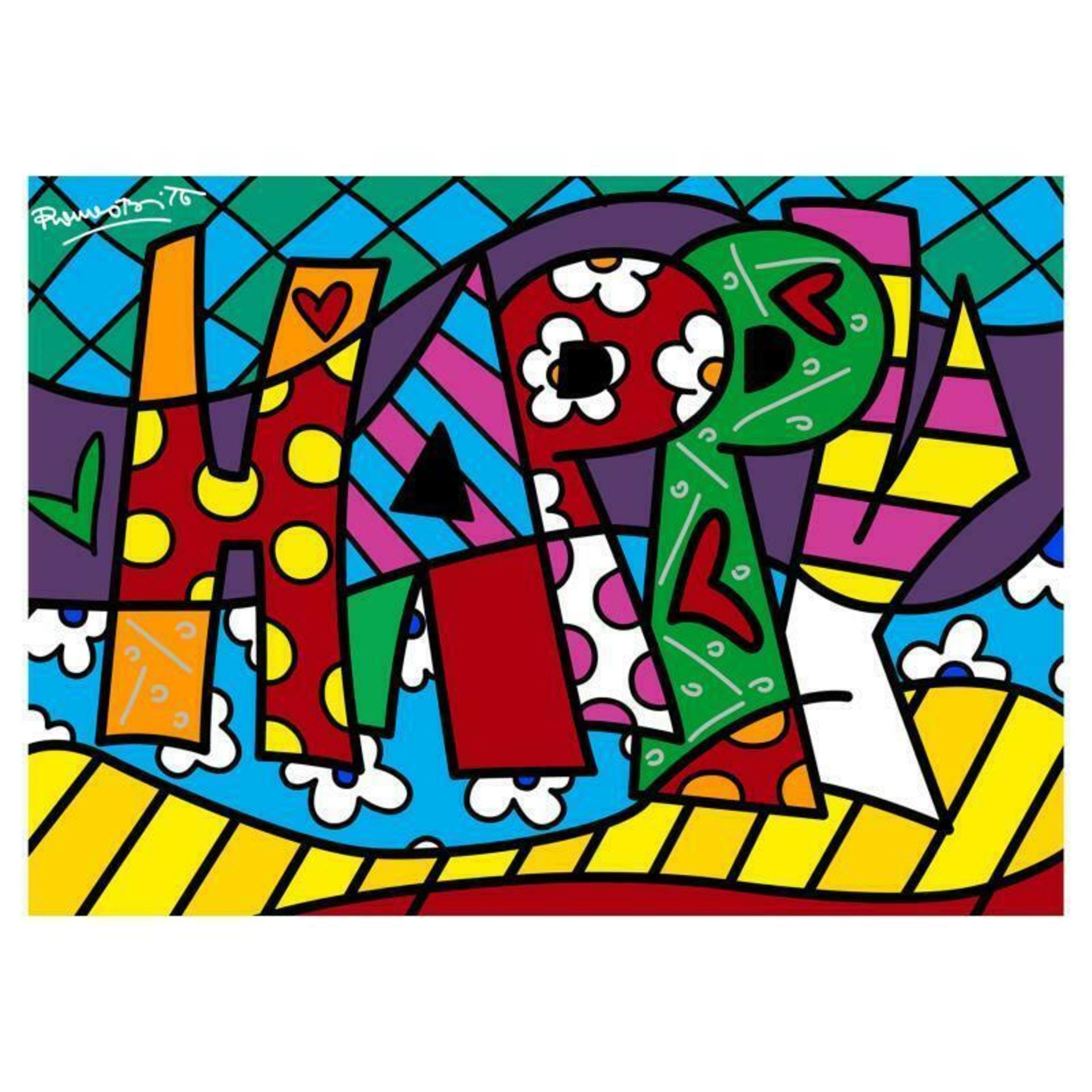 Romero Britto "Happy Mini Word" Hand Signed Giclee on Canvas; Authenticated