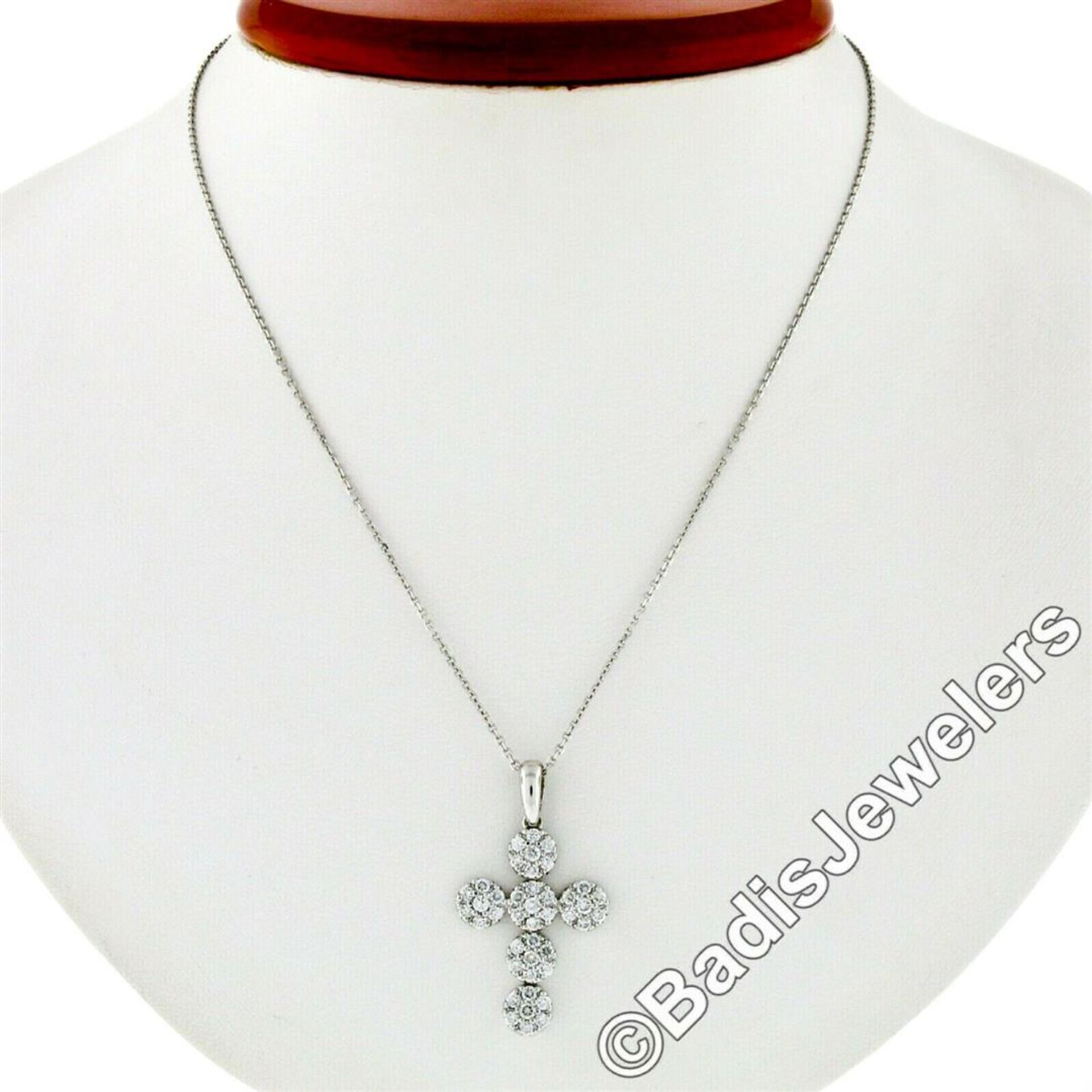 New 14kt White Gold 0.85 ctw Ideal Cut Diamond Multi Circle Cluster Cross Pendan - Image 3 of 7