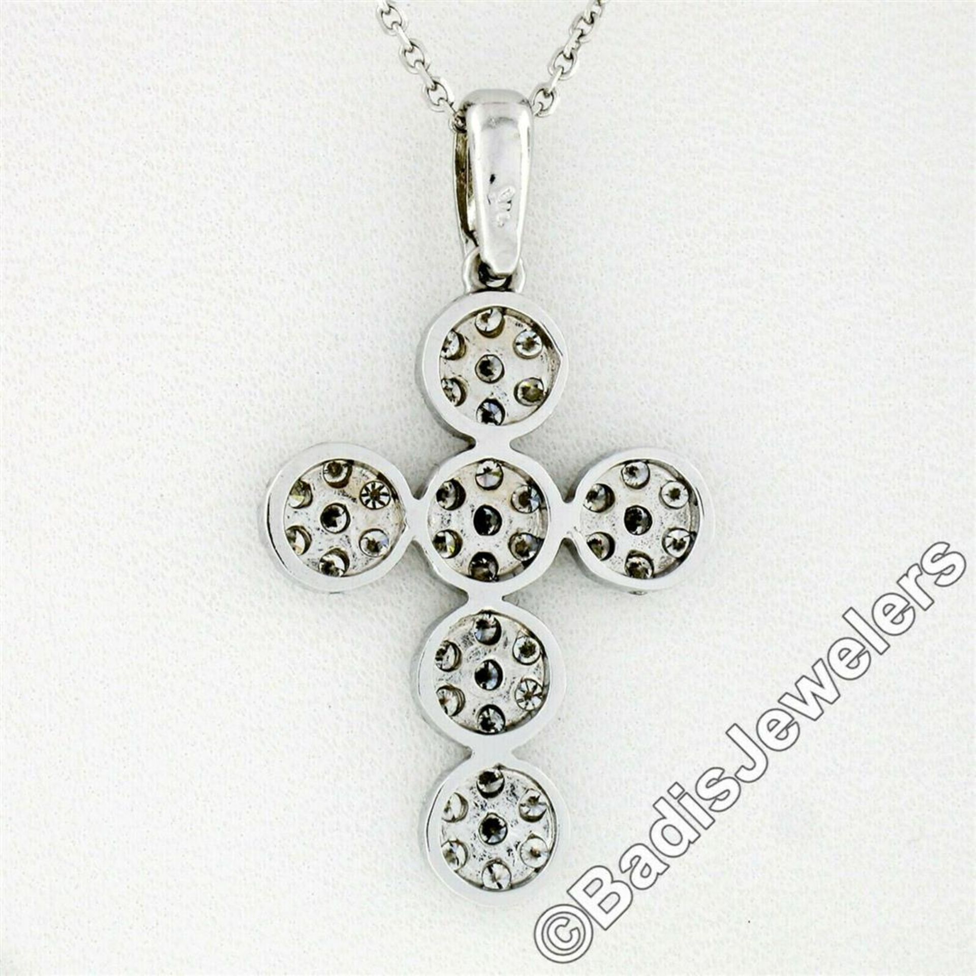 New 14kt White Gold 0.85 ctw Ideal Cut Diamond Multi Circle Cluster Cross Pendan - Image 6 of 7