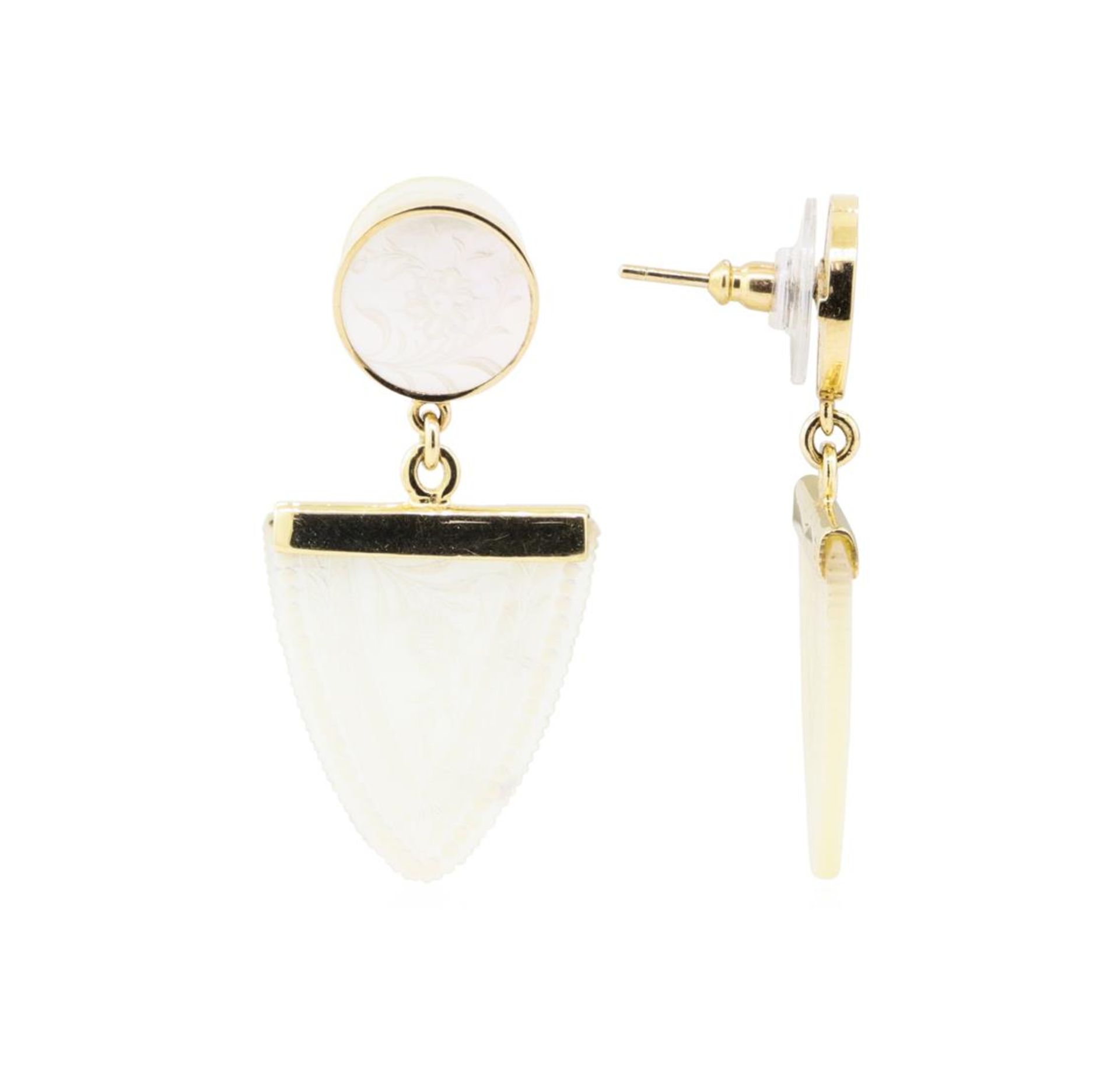 Hand-Engraved Mother of Pearl Dangle Earrings - 14KT Yellow Gold - Image 2 of 2