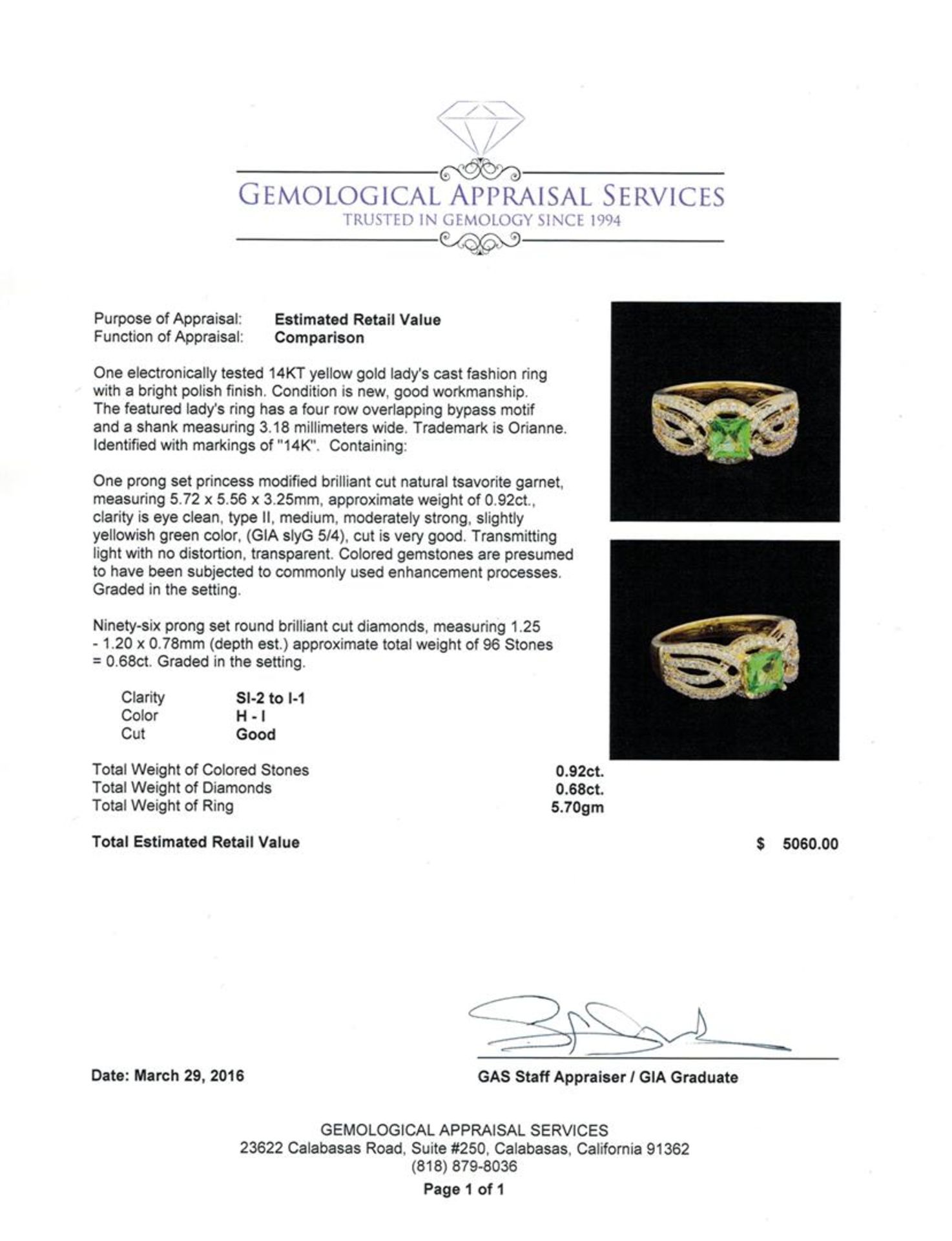 0.92 ctw Tsavorite and Diamond Ring - 14KT Yellow Gold - Image 5 of 5